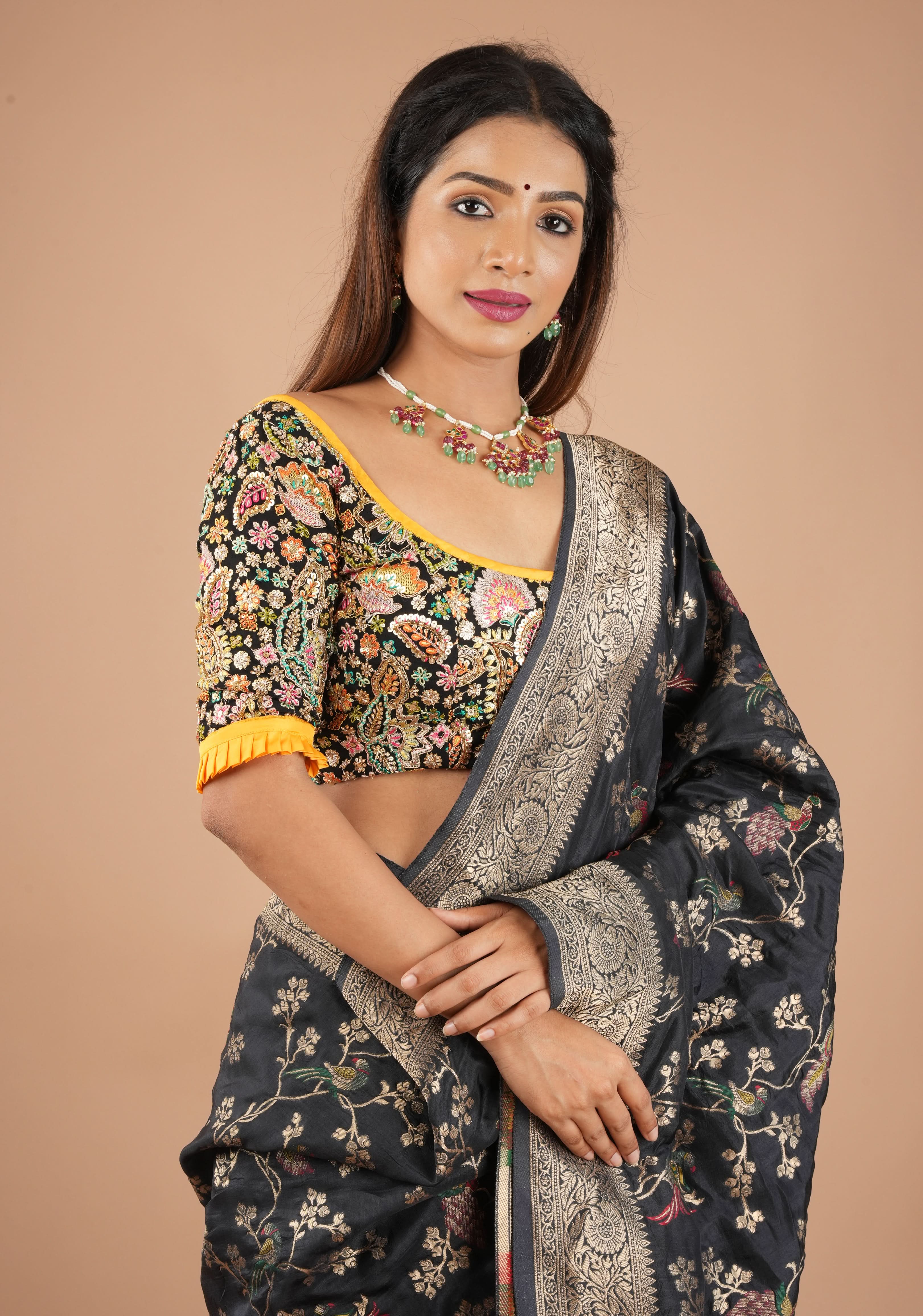 Black Georgette Floral Embroidery and Sequin - Cutdana Embellished blouse with yellow trims, Customizable, Made to Order | Shobitam