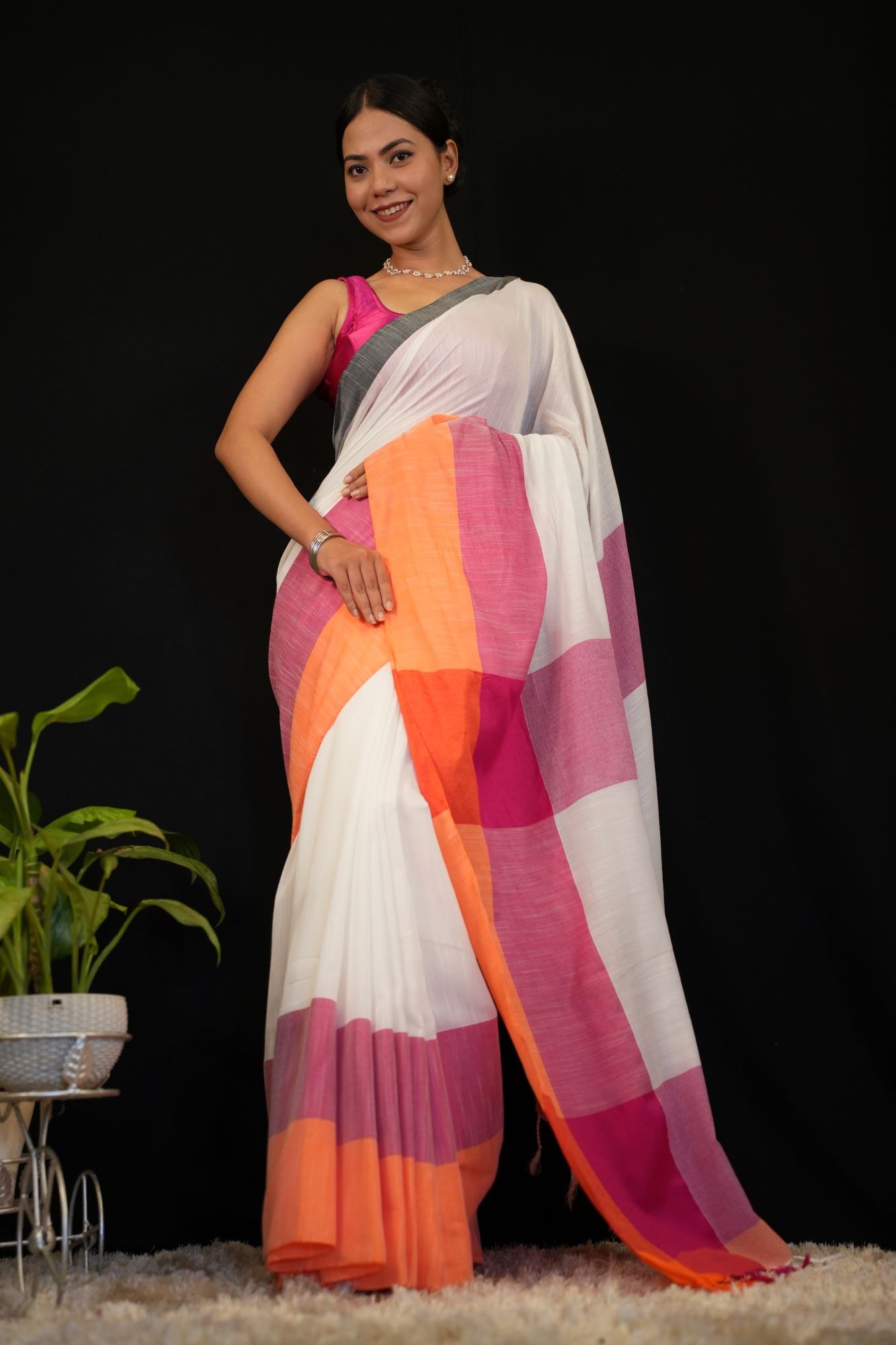 Beautiful Colour Blocked Khadi Cotton & Tassels On Palla Pre Drape Saree