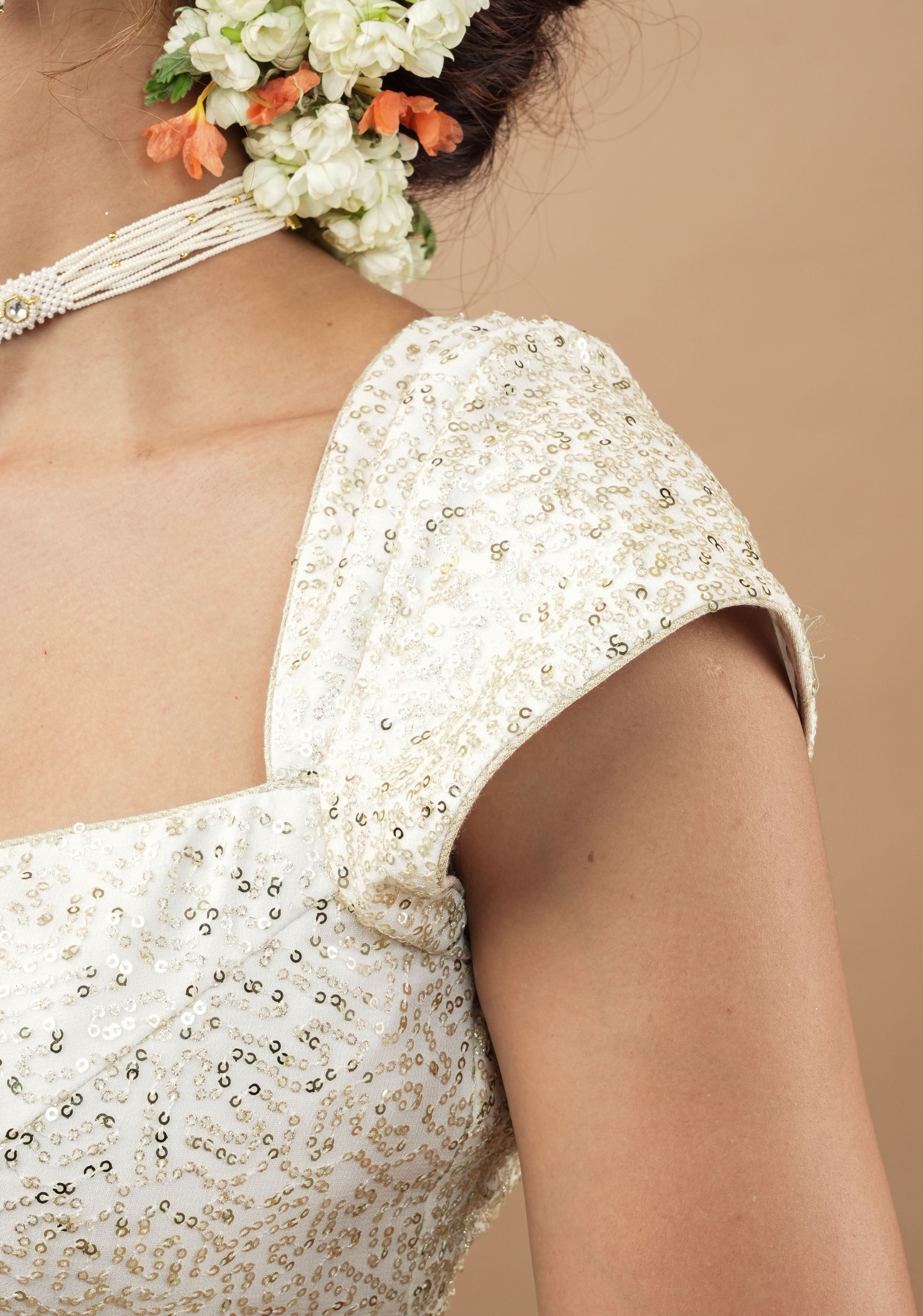 White Sequin Blouse with Queen Anne Neckline and cap sleeves | Shobitam