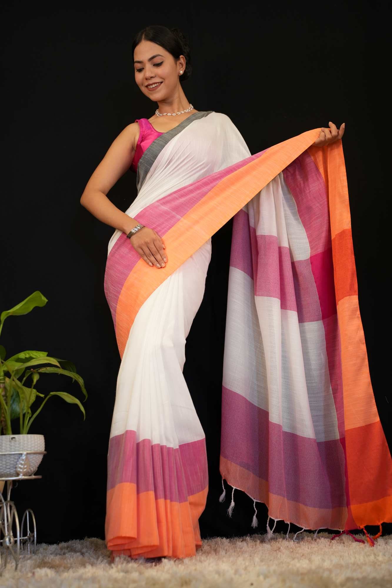 Beautiful Colour Blocked Khadi Cotton & Tassels On Palla Pre Drape Saree