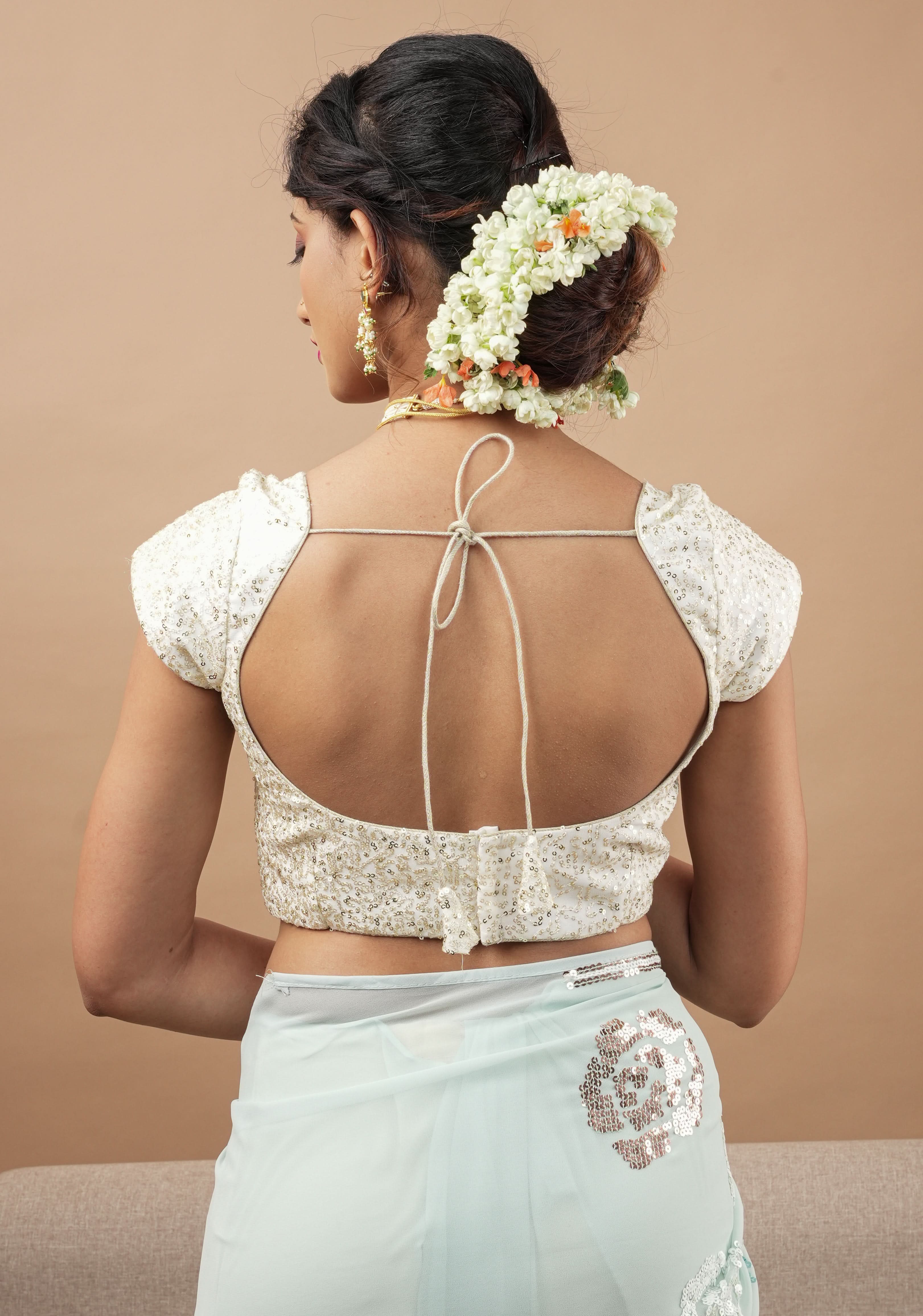 White Sequin Blouse with Queen Anne Neckline and cap sleeves | Shobitam