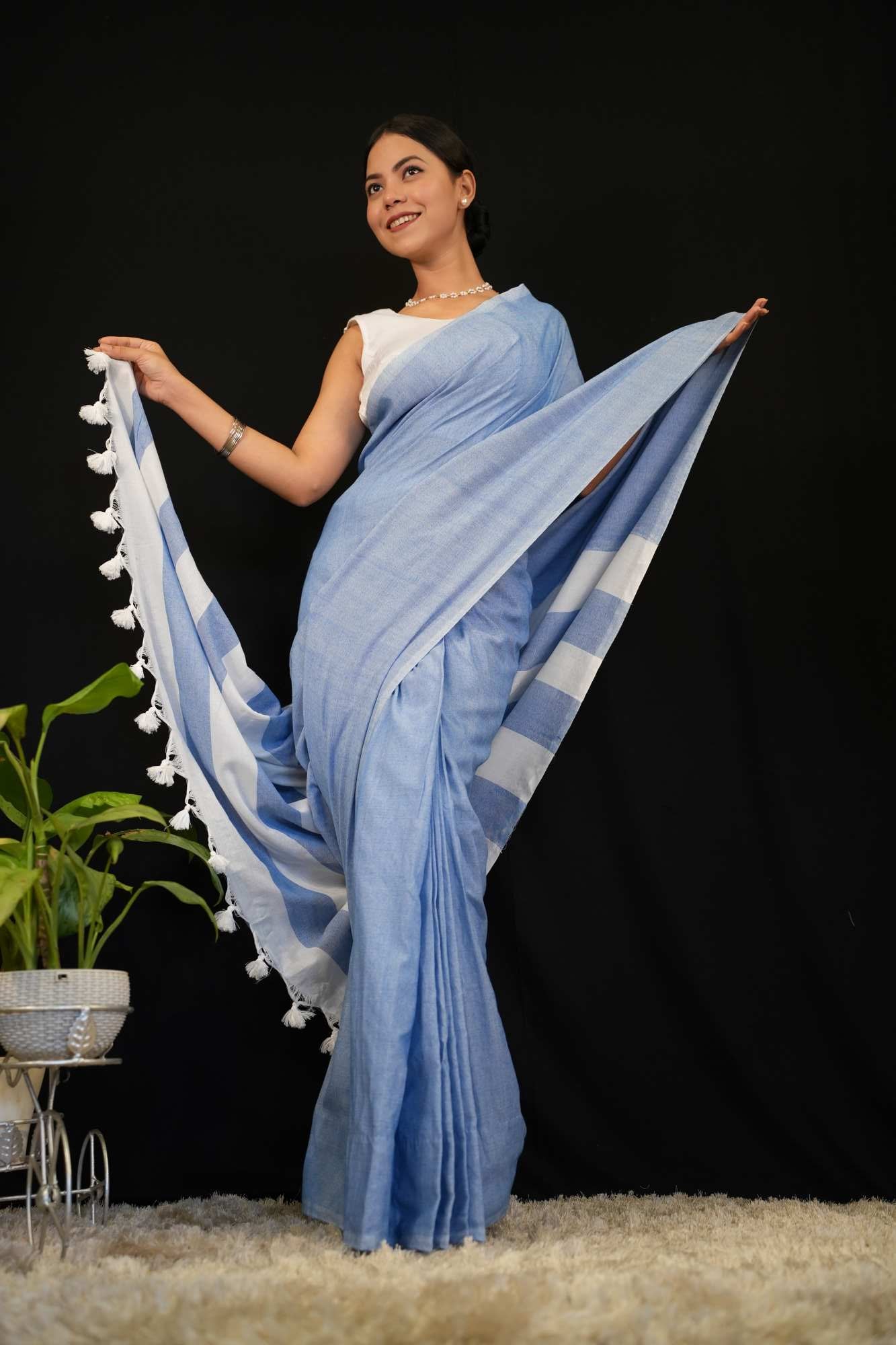 Beautiful Blue Pure Cotton With  Color And Tassel On Palla Ready To Wear Saree