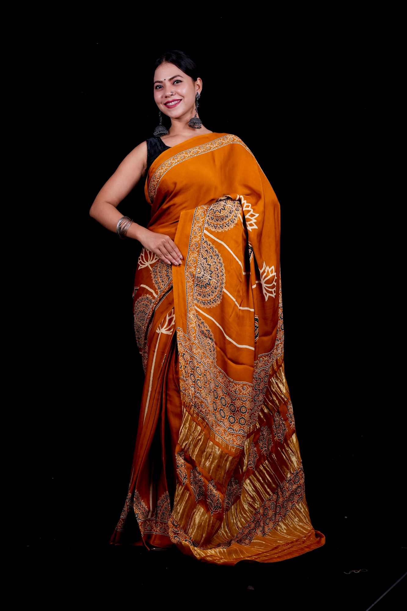 Designer Pure Modal Silk Hand Block Ajrakh Printed Saree in Yellow with Golden Zari Border & Blouse Piece Wrap in one minute saree