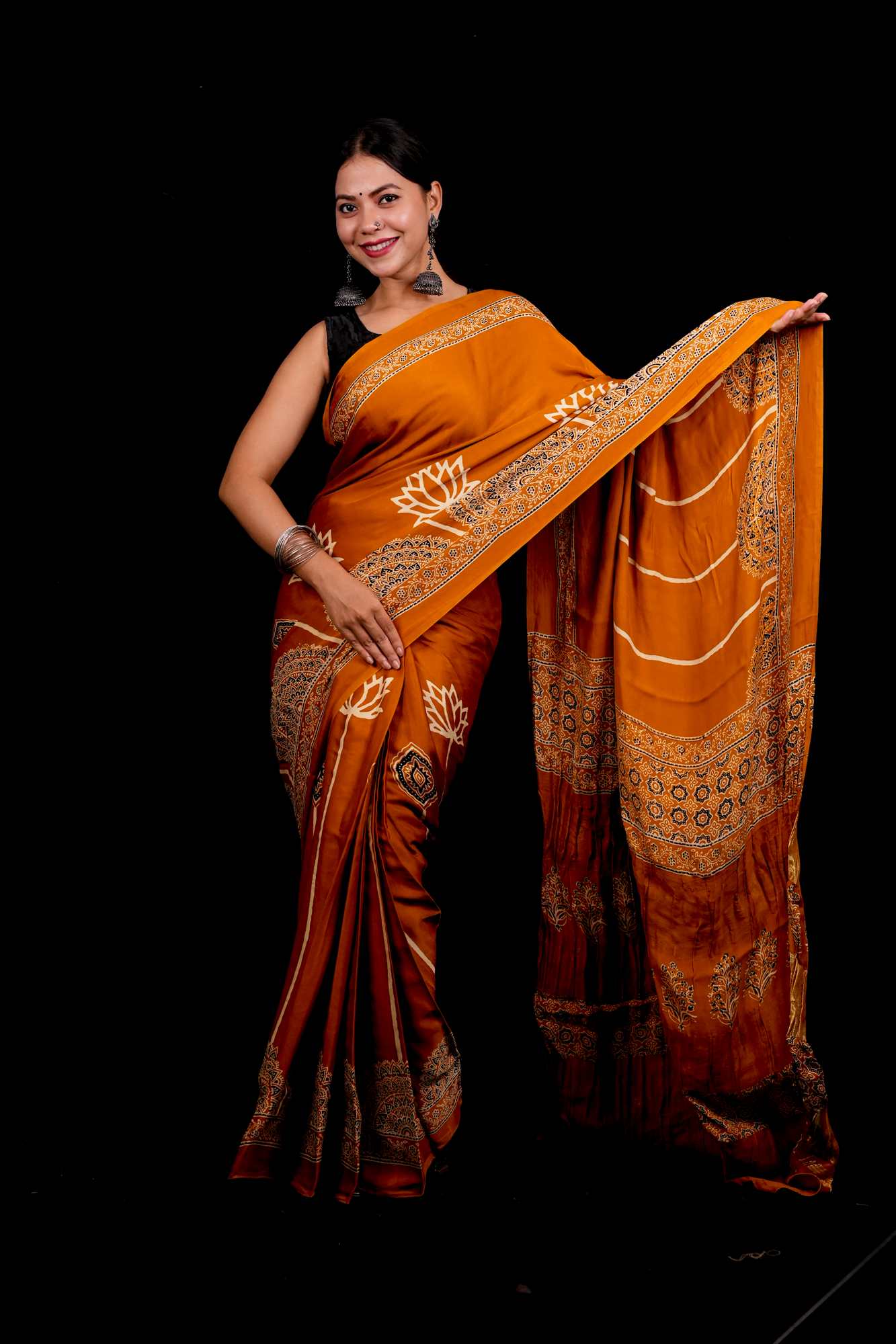 Designer Pure Modal Silk Hand Block Ajrakh Printed Saree in Yellow with Golden Zari Border & Blouse Piece Wrap in one minute saree