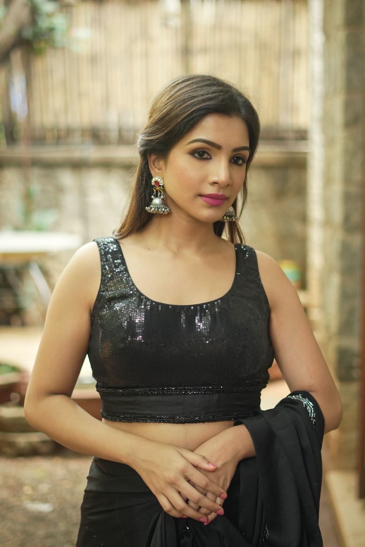 Sequin Blouse in Black with Deep Back Neck | Shobitam
