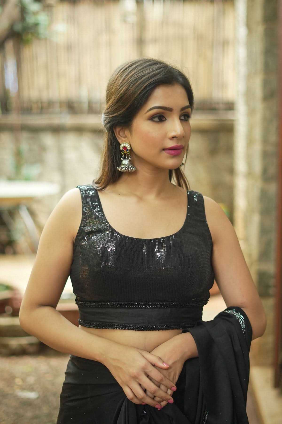 Sequin Blouse in Black with Deep Back Neck | Shobitam