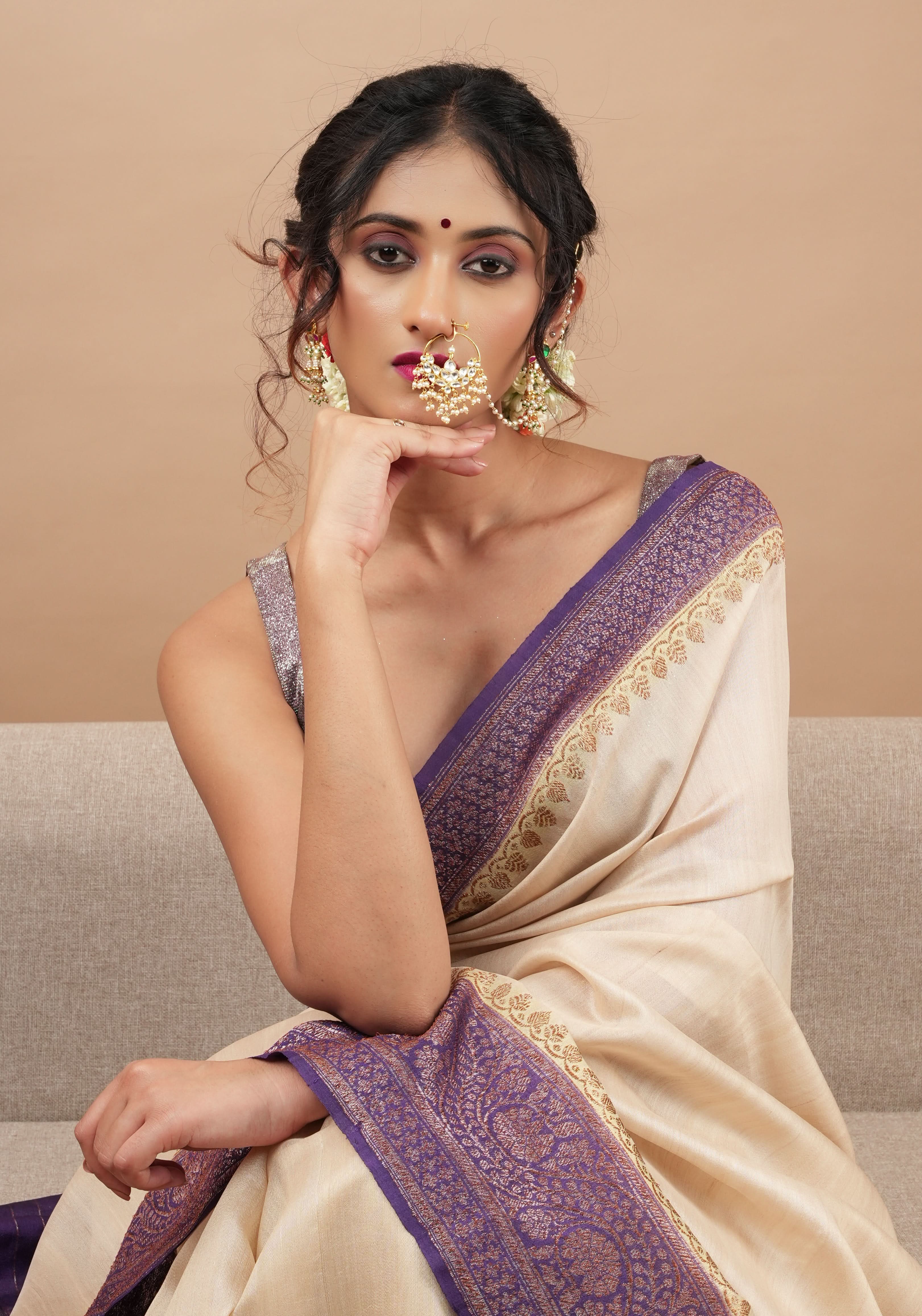 Celestial Kundan nath with non piece clasp, chain and hook | Shobitam