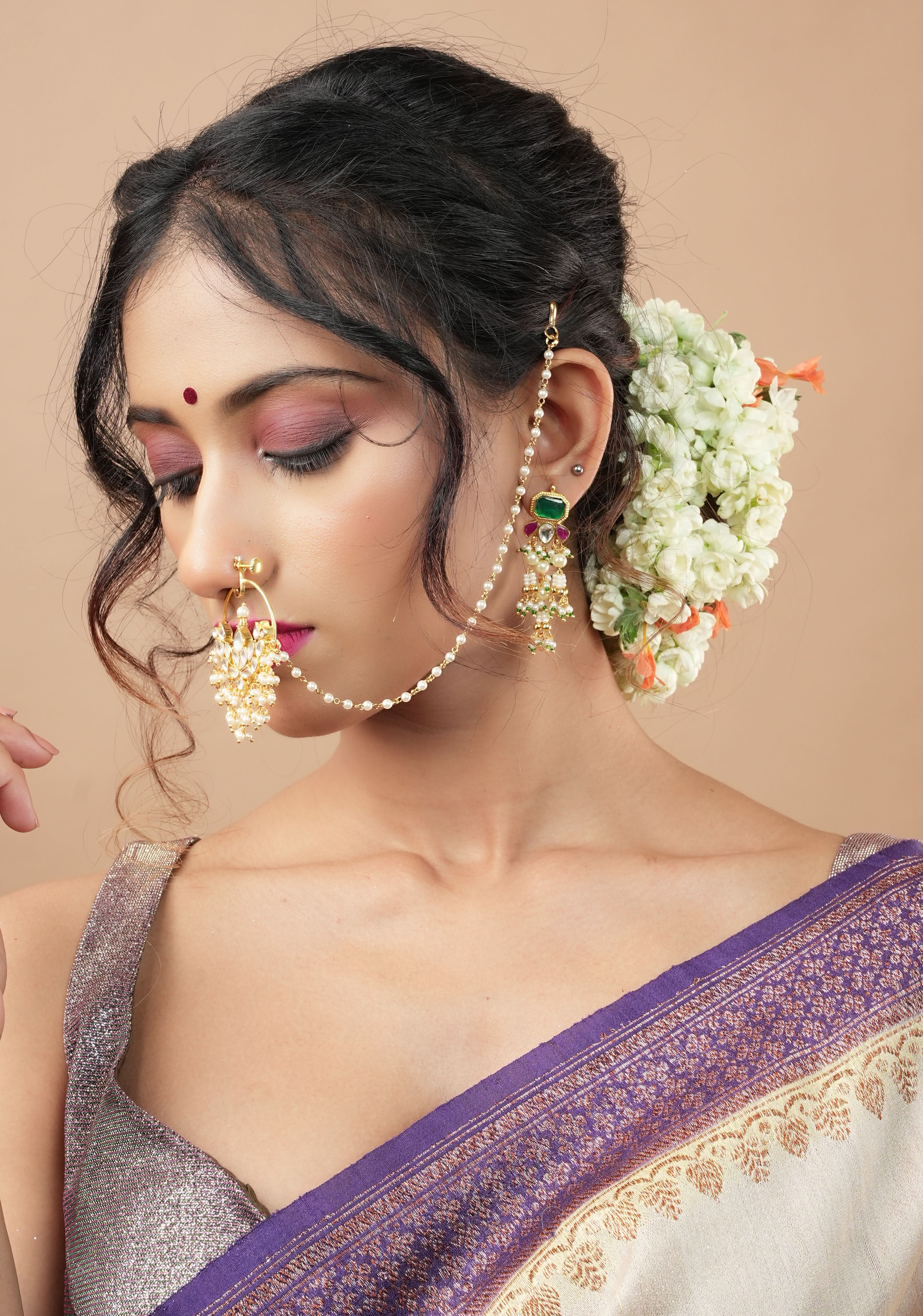 Celestial Kundan nath with non piece clasp, chain and hook | Shobitam