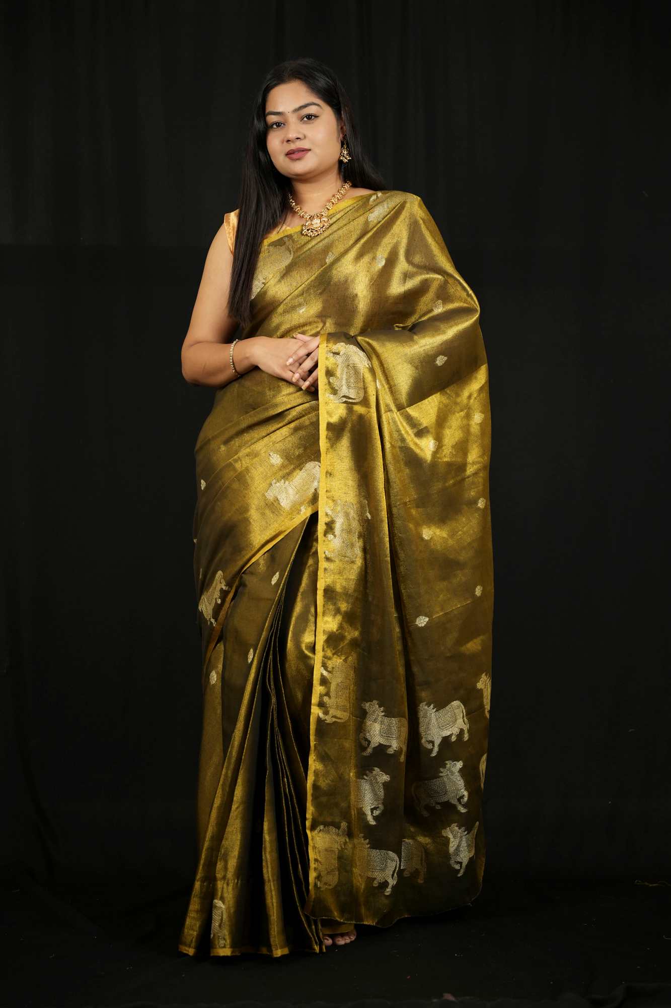 Green Zari Tissue with Intricate Nandi Motifs Ready To Wear Saree