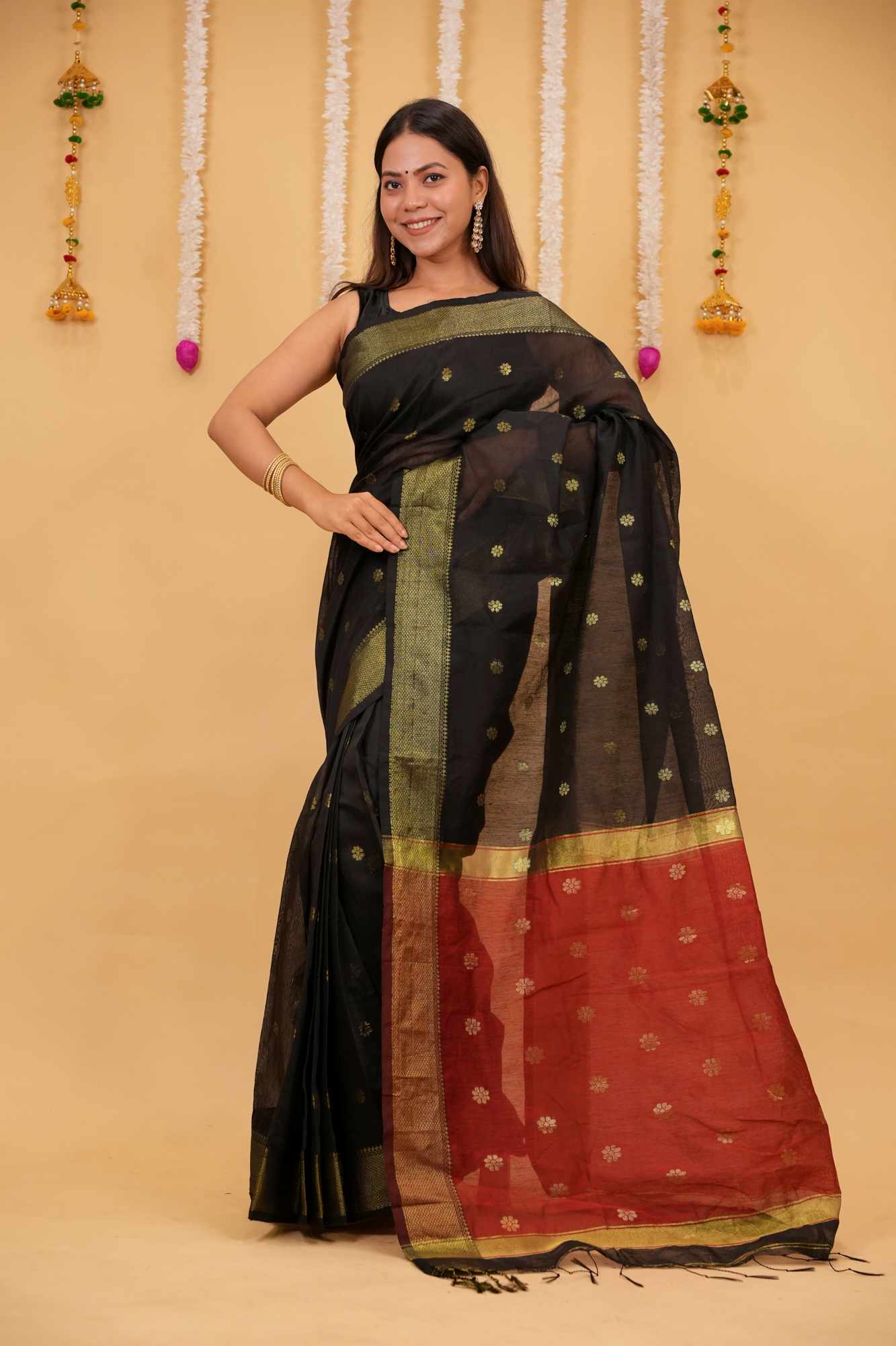Black Cotton Silk Maheshwari with Zari Buta Contrast Red Pallu