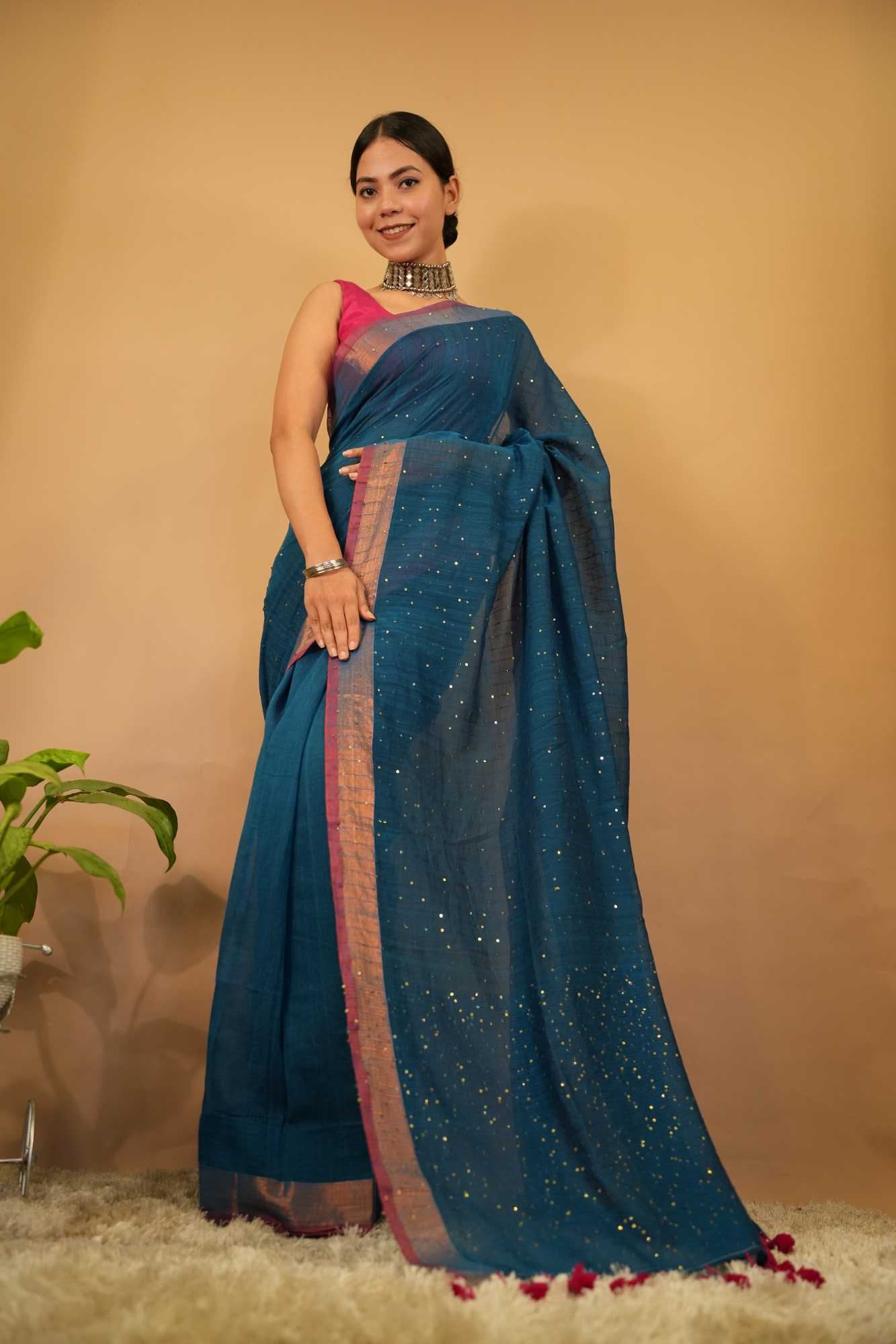 Beautiful Cobalt Blue  Party Style Mulmul Cotton With Sequin Overall & Zari Woven Border Tassel on palla Ready To Wear Saree