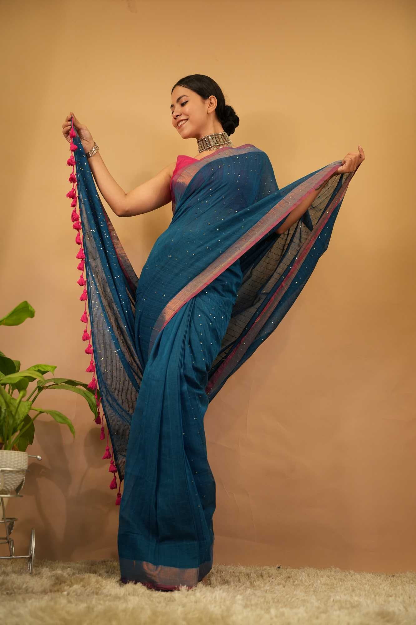 Beautiful Cobalt Blue  Party Style Mulmul Cotton With Sequin Overall & Zari Woven Border Tassel on palla Ready To Wear Saree