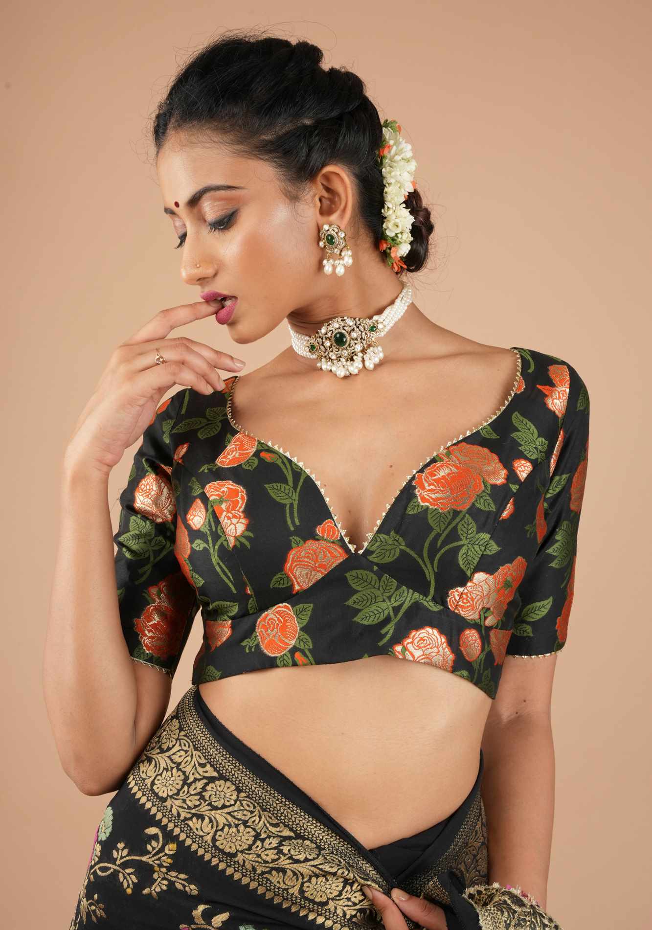 Black Banarasi Meenakari Plunge Neck Blouse with Gotta Detailing, customizable, made-to-order