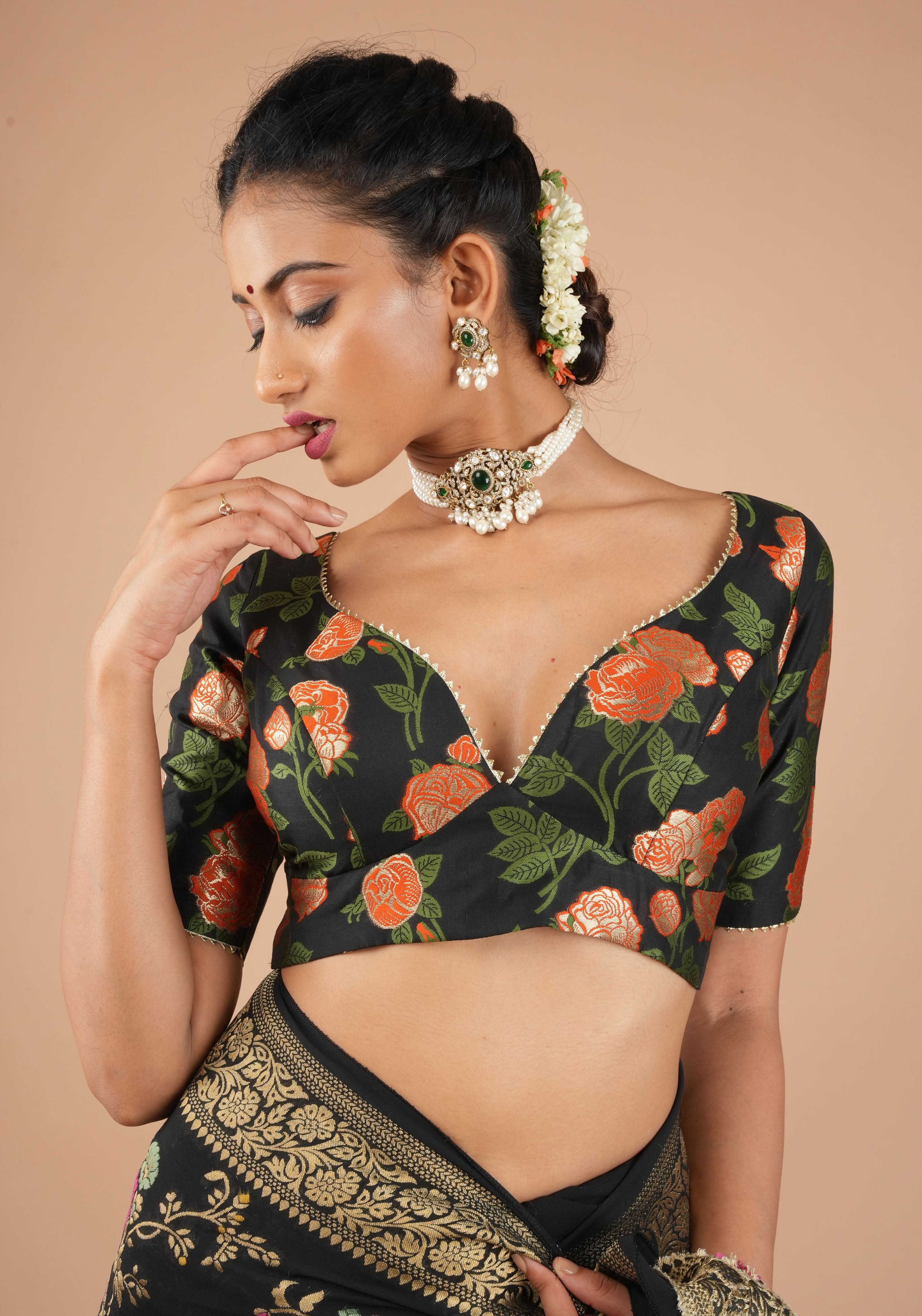 Black Banarasi Meenakari Plunge Neck Blouse with Gotta Detailing, customizable, made-to-order | Shobitam