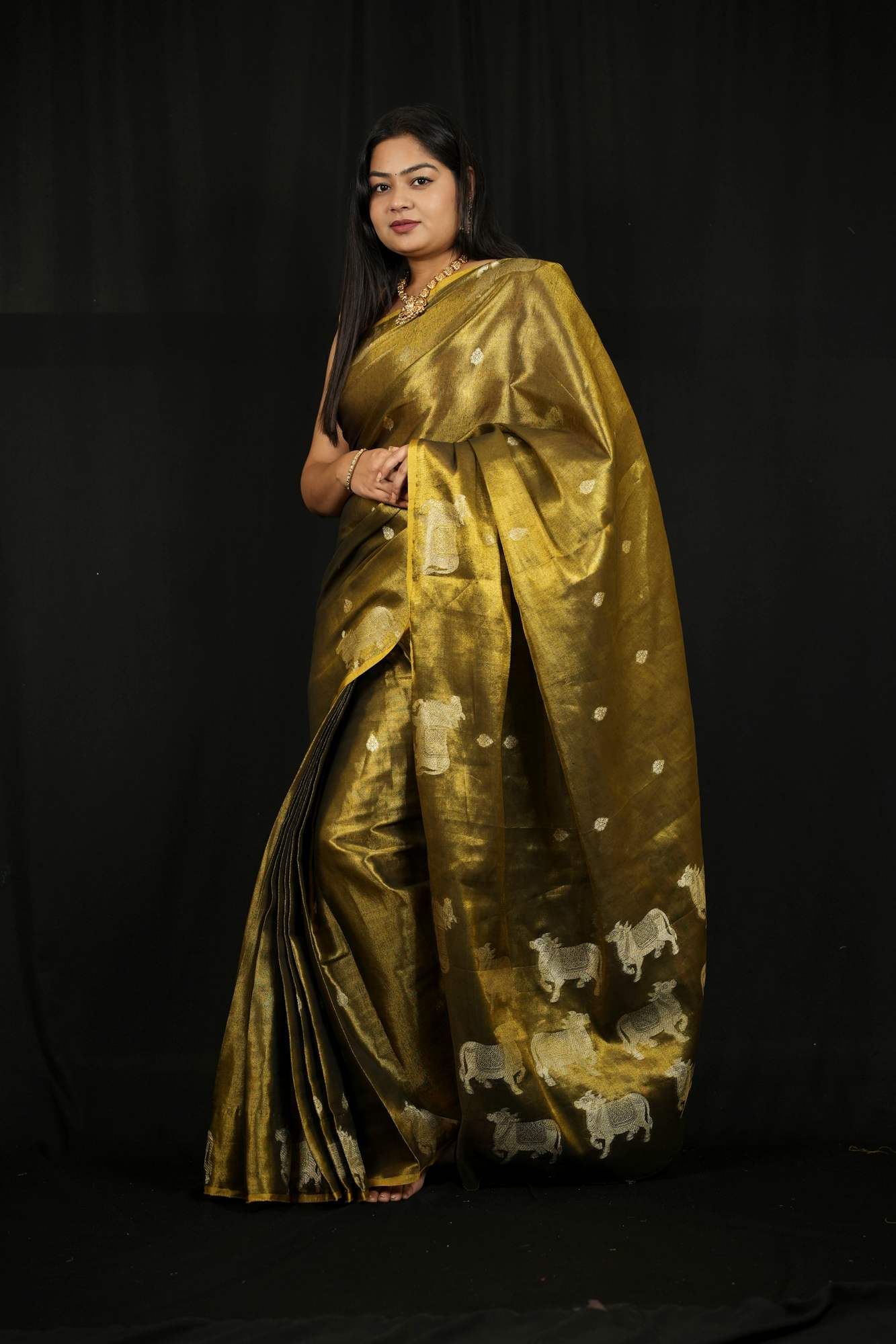 Green Zari Tissue with Intricate Nandi Motifs Ready To Wear Saree