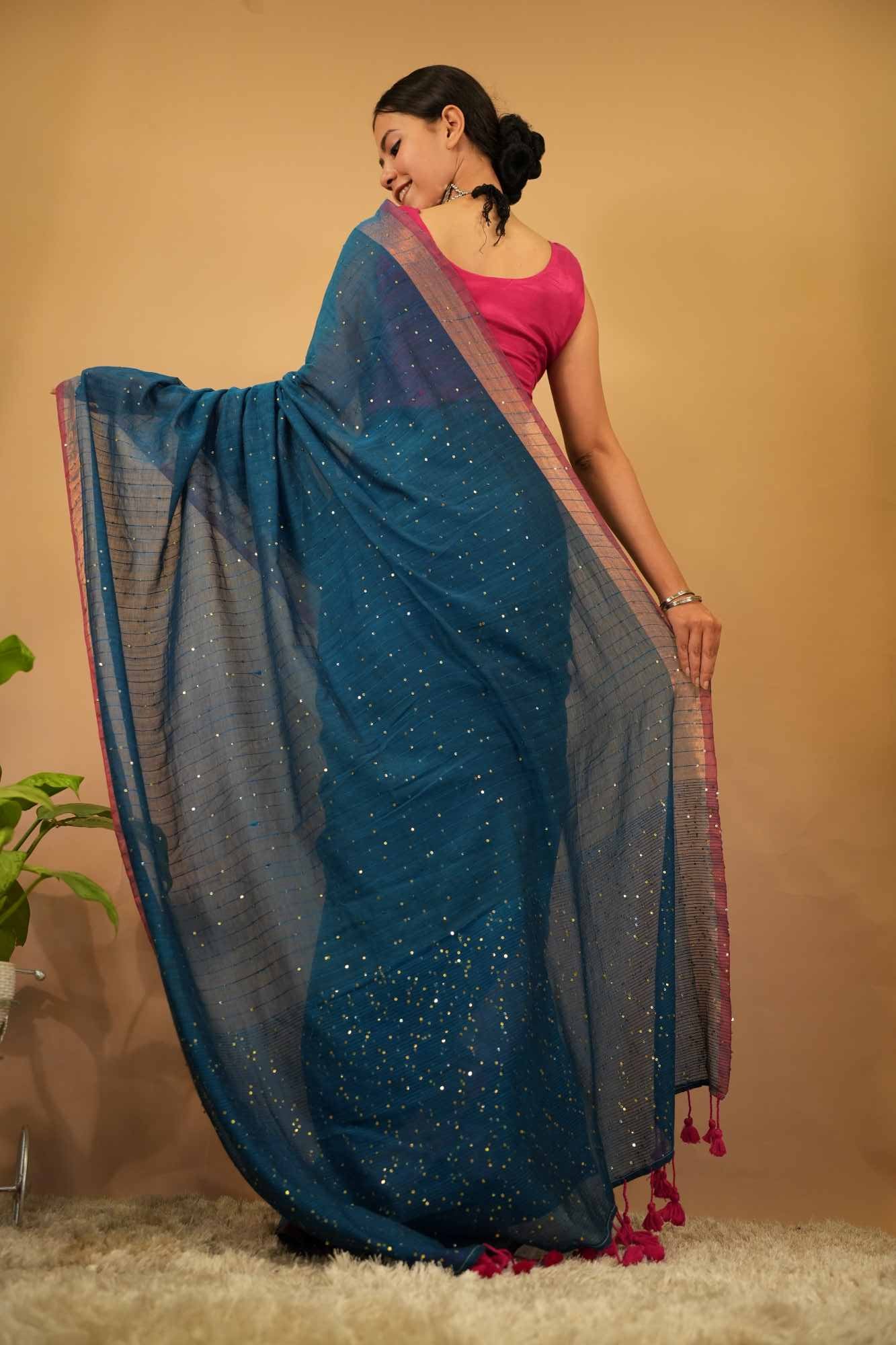 Beautiful Cobalt Blue  Party Style Mulmul Cotton With Sequin Overall & Zari Woven Border Tassel on palla Ready To Wear Saree