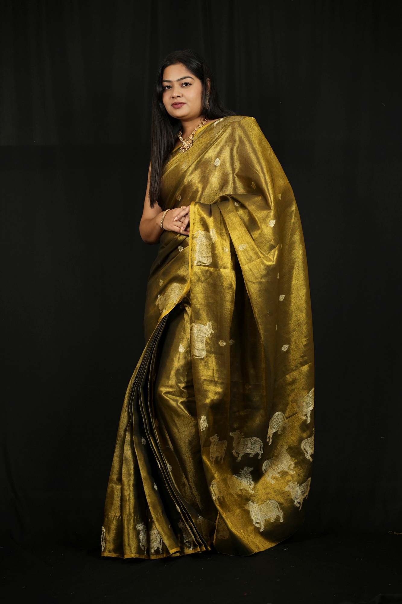 Green Zari Tissue with Intricate Nandi Motifs Ready To Wear Saree