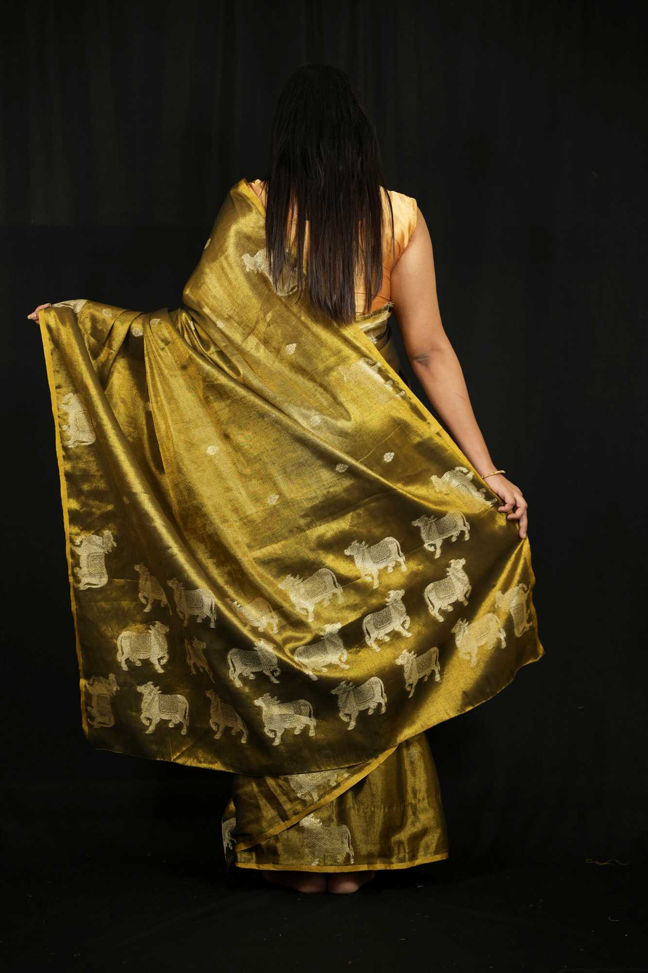 Green Zari Tissue with Intricate Nandi Motifs Ready To Wear Saree