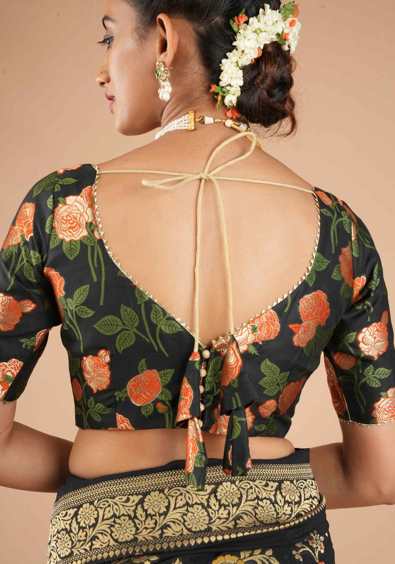 Black Banarasi Meenakari Plunge Neck Blouse with Gotta Detailing, customizable, made-to-order