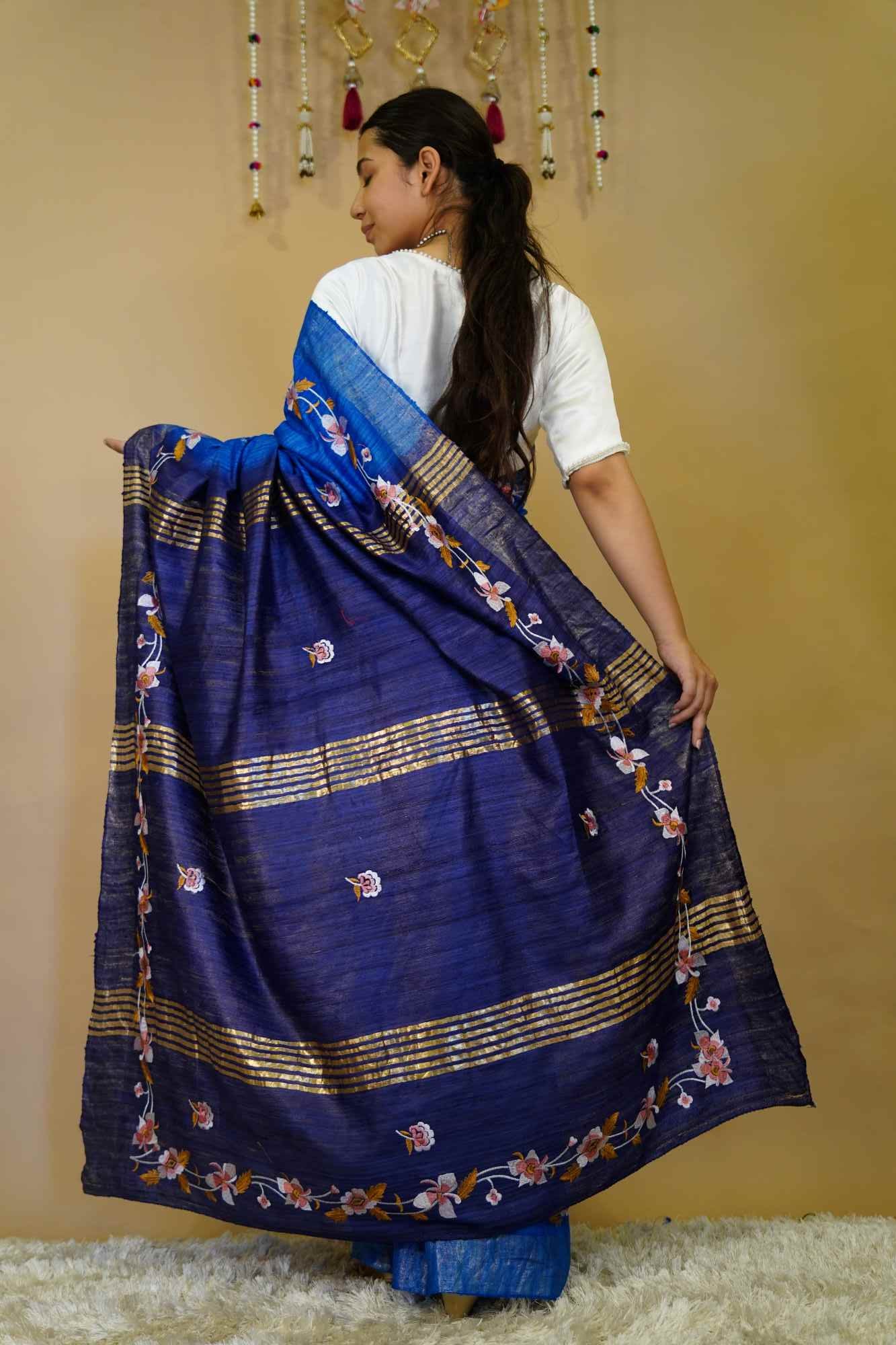 Silk Mark Tusser Giccha Silk With Blue Ombre shade & Embroidery On Border Wrap In One Minute Saree