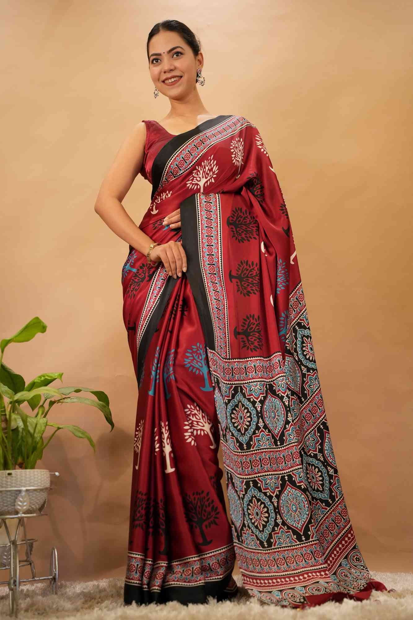 Stylish Red Pure Silk Crepe With Ethnic Motifs Printed All Over Ready To Wear zip & Go Saree