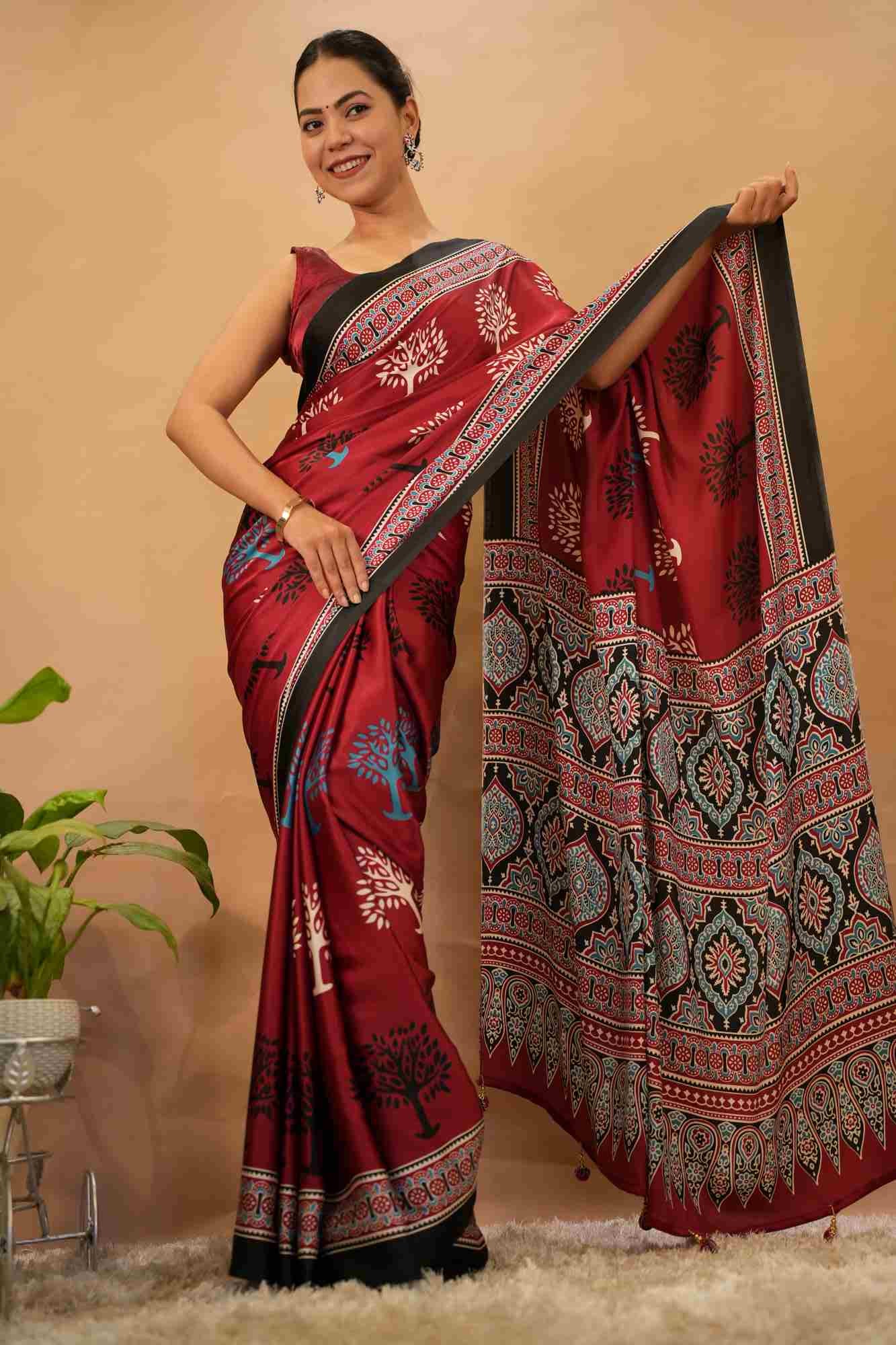 Stylish Red Pure Silk Crepe With Ethnic Motifs Printed All Over Ready To Wear zip & Go Saree