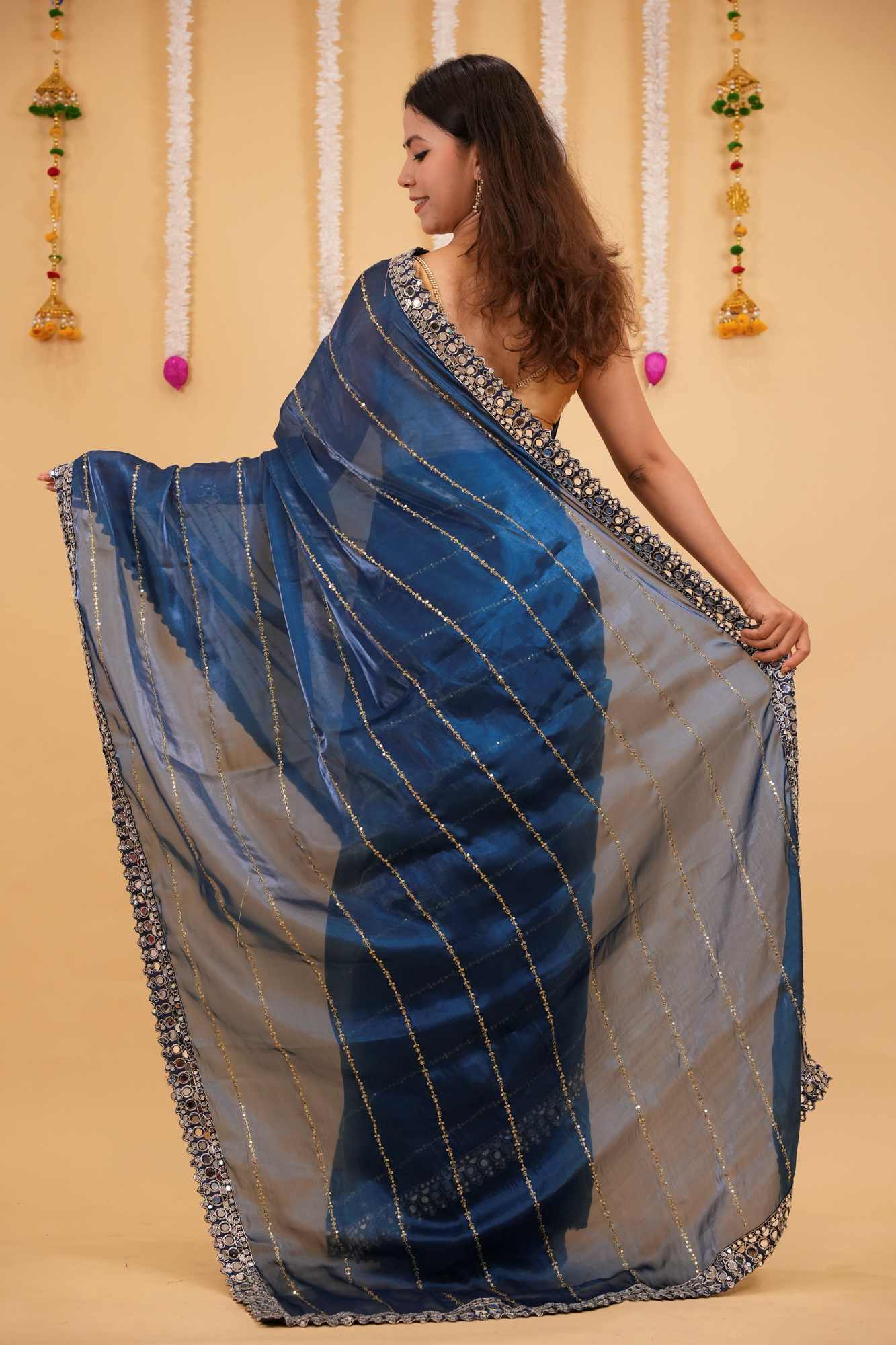 Ready to wear Soft Organza with Real Mirror Work Embroidery Border & Exquisite Blouse