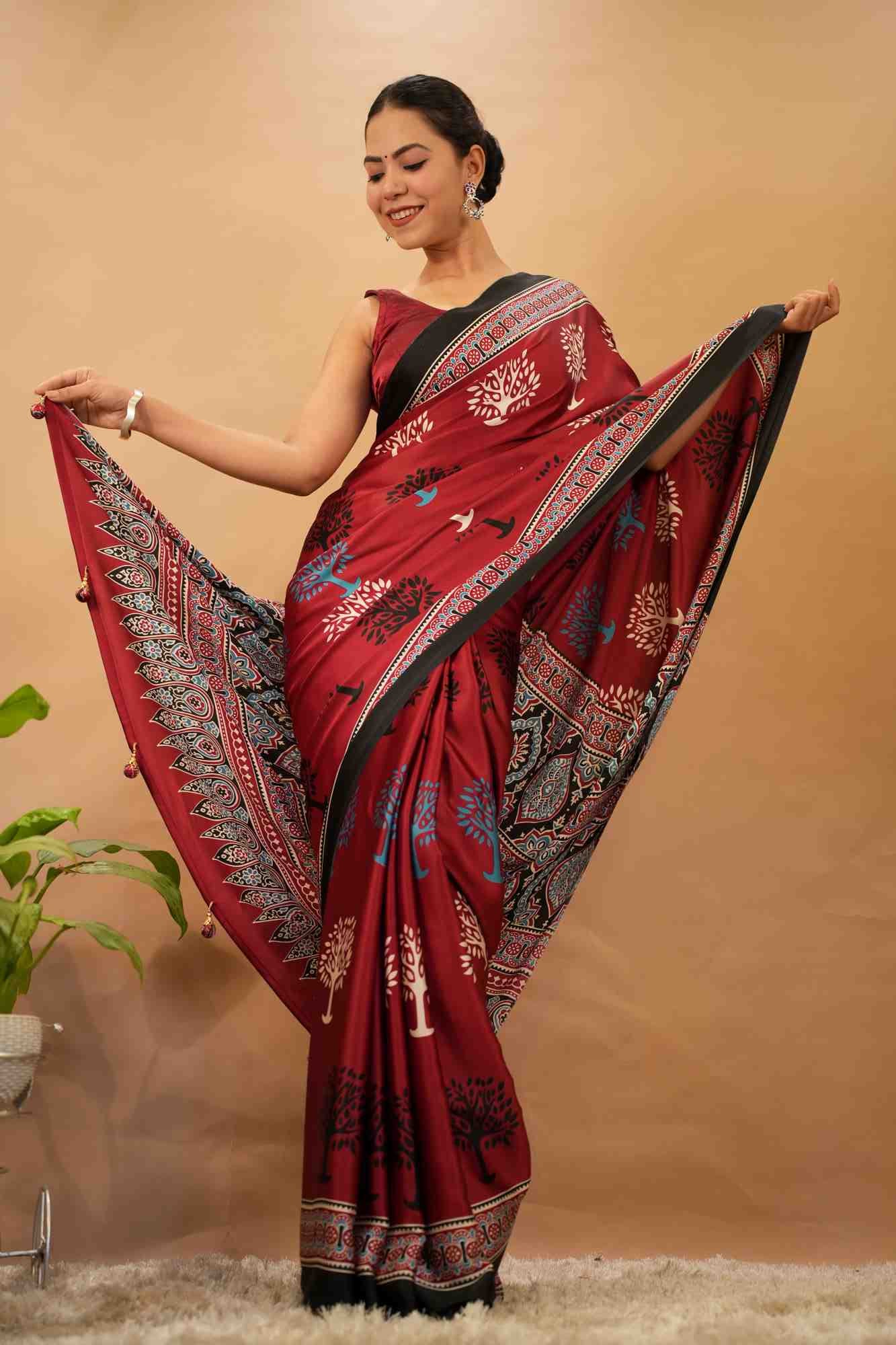 Stylish Red Pure Silk Crepe With Ethnic Motifs Printed All Over Ready To Wear Saree