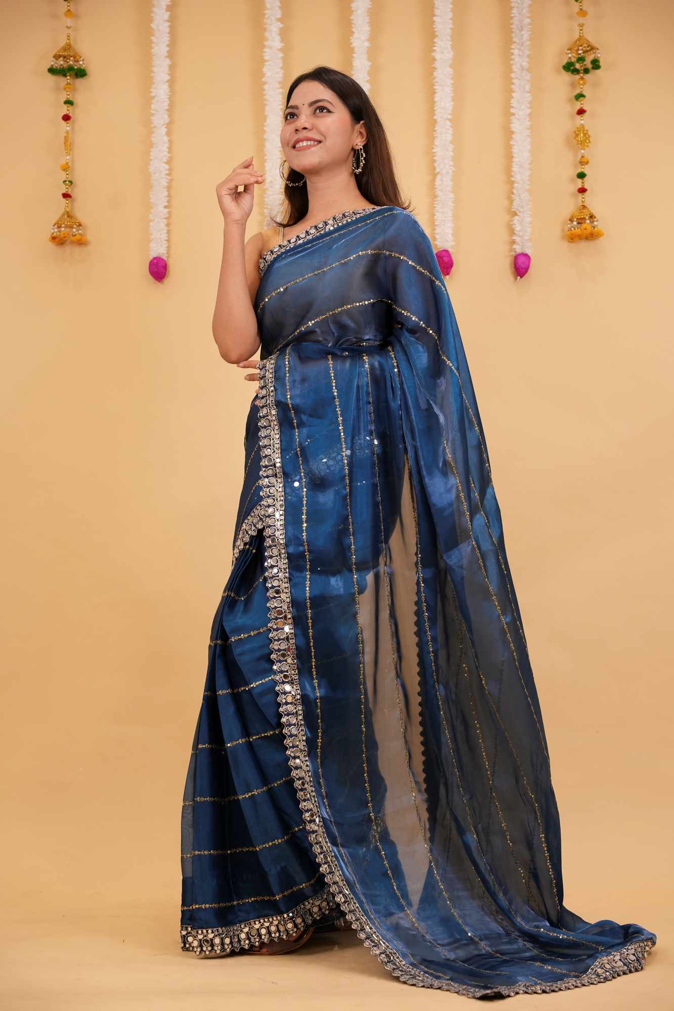 Ready to wear Soft Organza with Real Mirror Work Embroidery Border & Exquisite Blouse