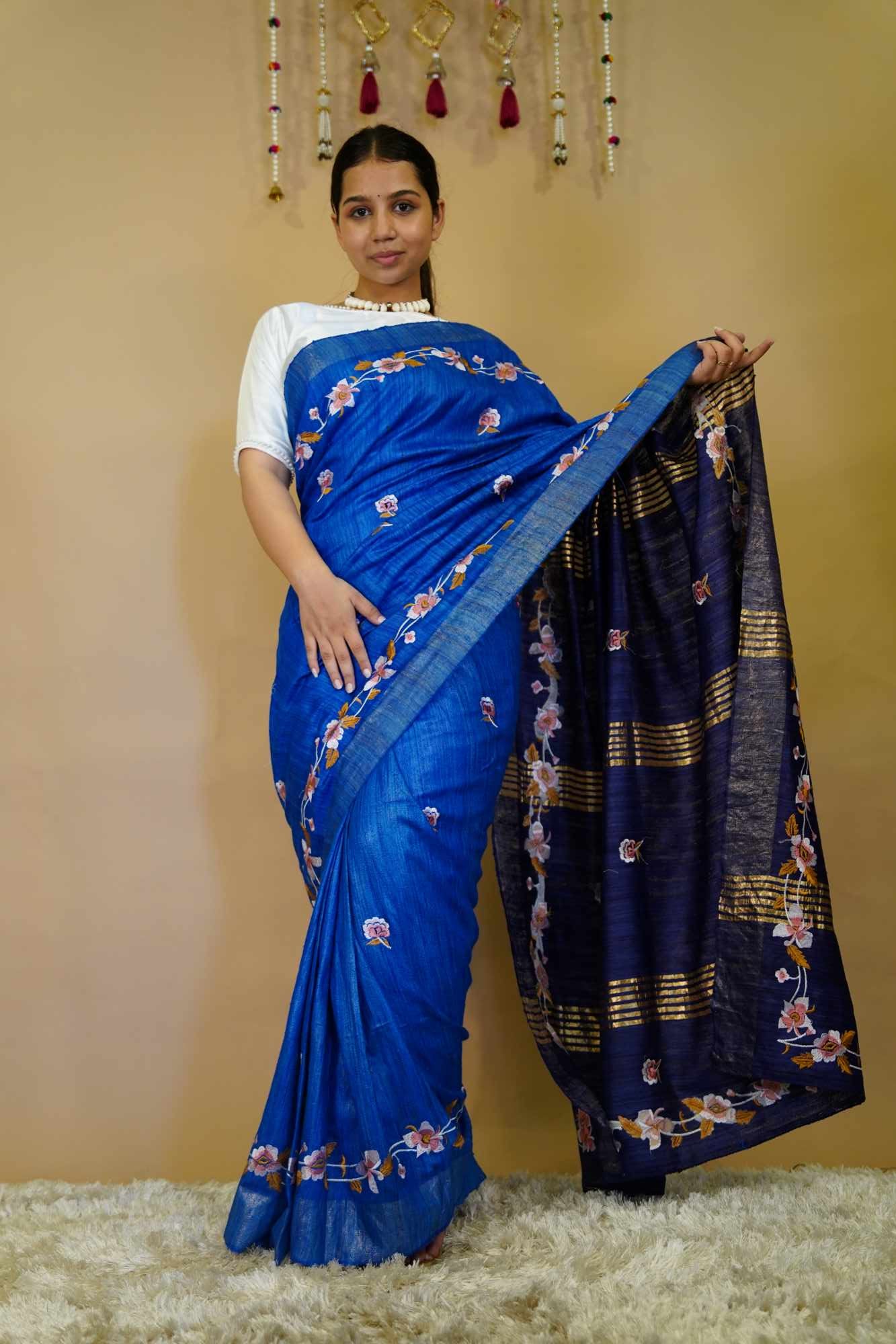 Silk Mark Tusser Giccha Silk With Blue Ombre shade & Embroidery On Border Wrap In One Minute Saree