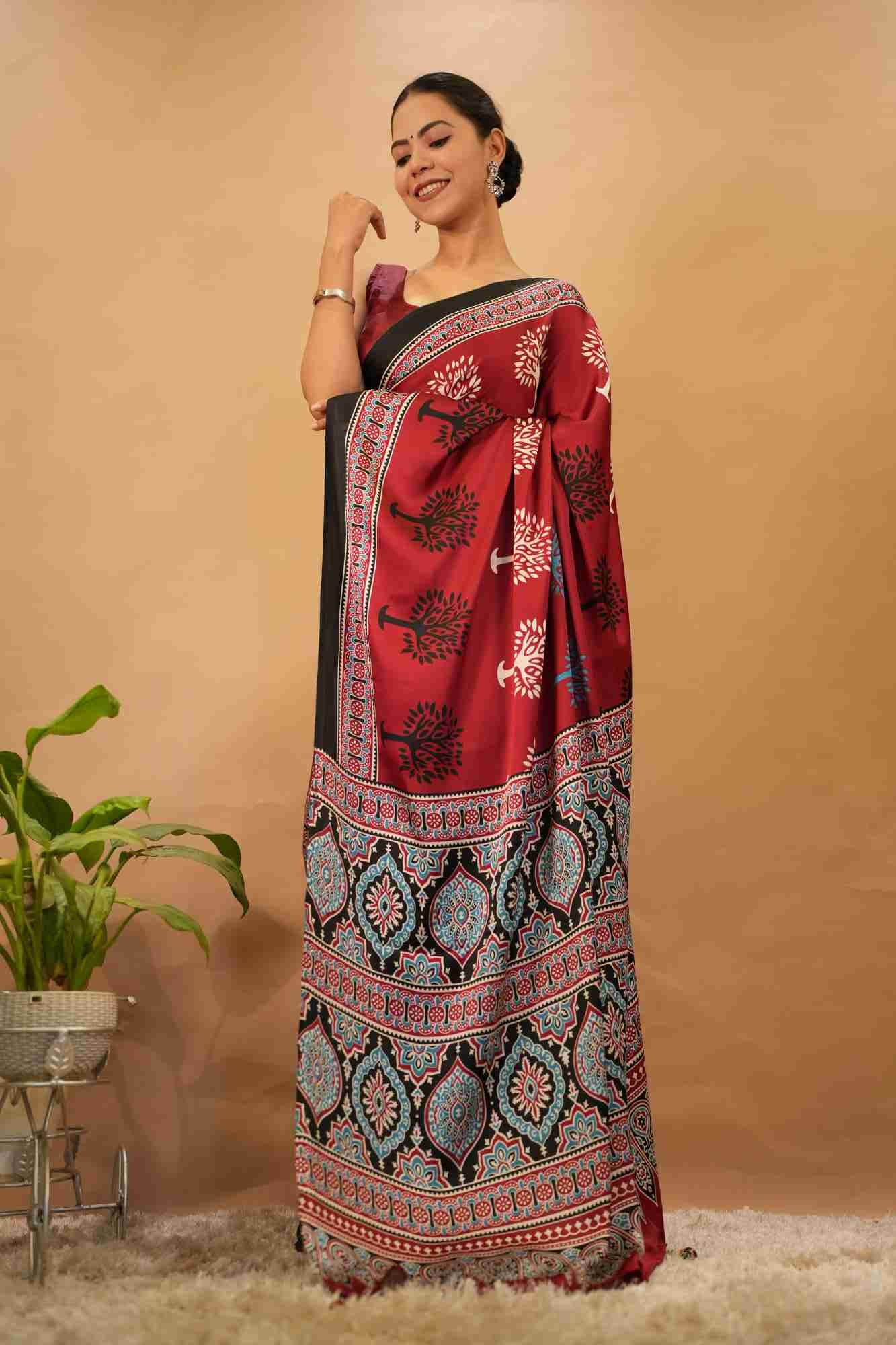 Stylish Red Pure Silk Crepe With Ethnic Motifs Printed All Over Ready To Wear Saree