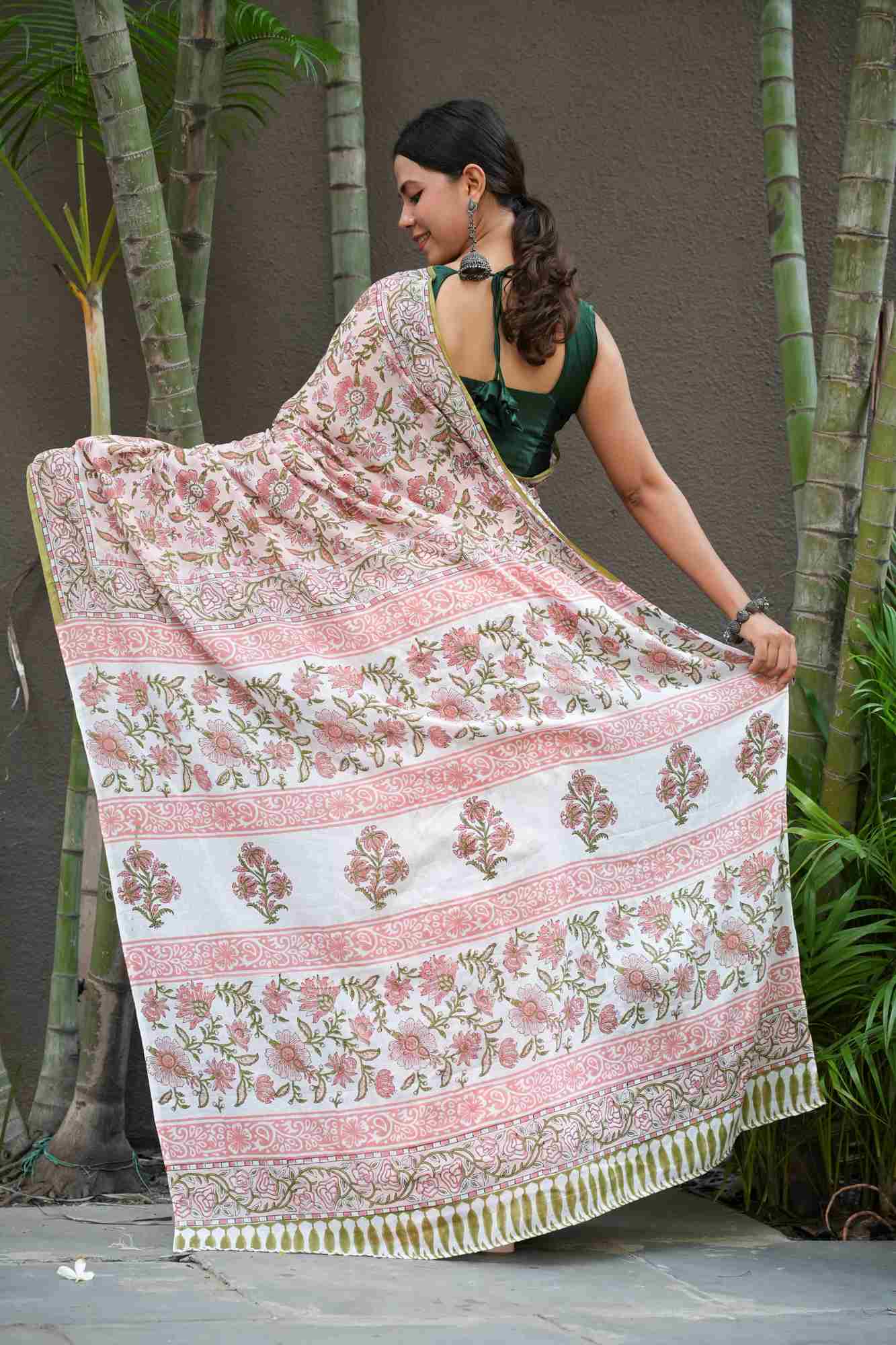 Sanganeri Block Printed Soft Mul Mul cotton pre pleated ready To Wear Saree