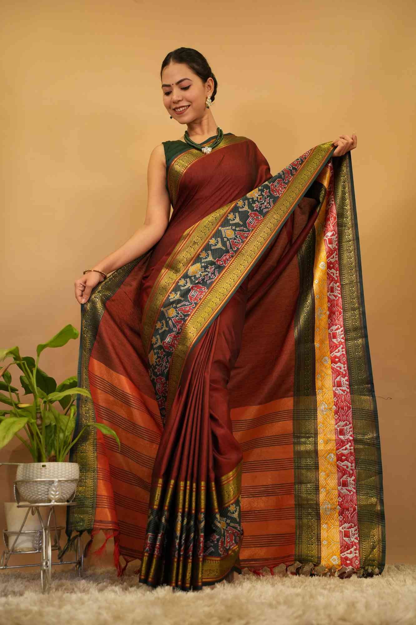 Soft narayanpet with ikat border prestitched Ready To Wear Saree