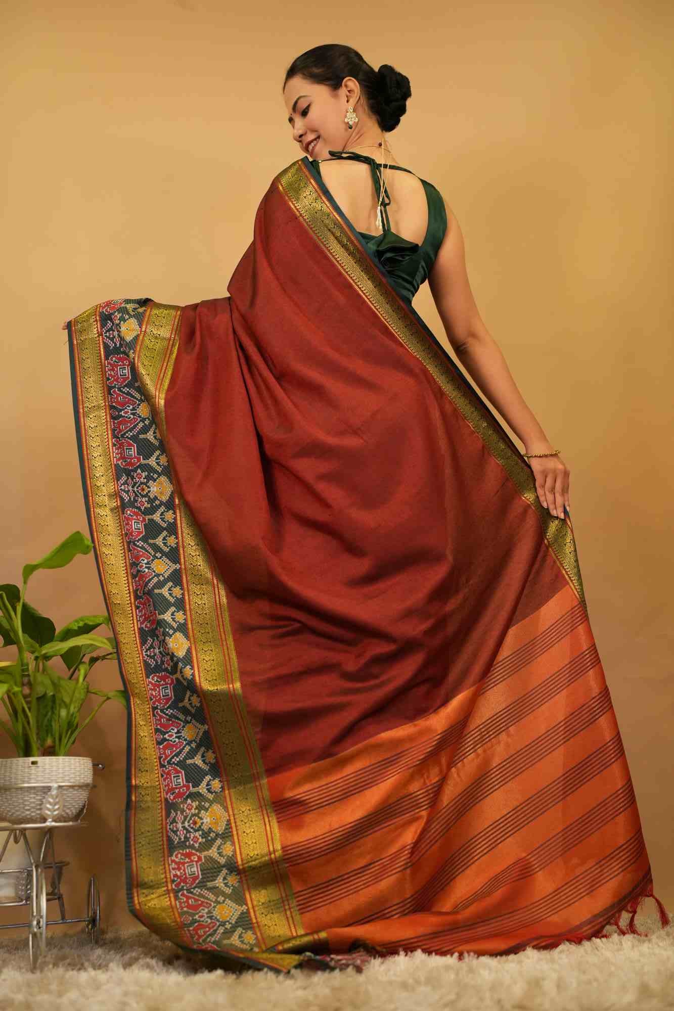 Soft narayanpet with ikat border prestitched Ready To Wear Saree