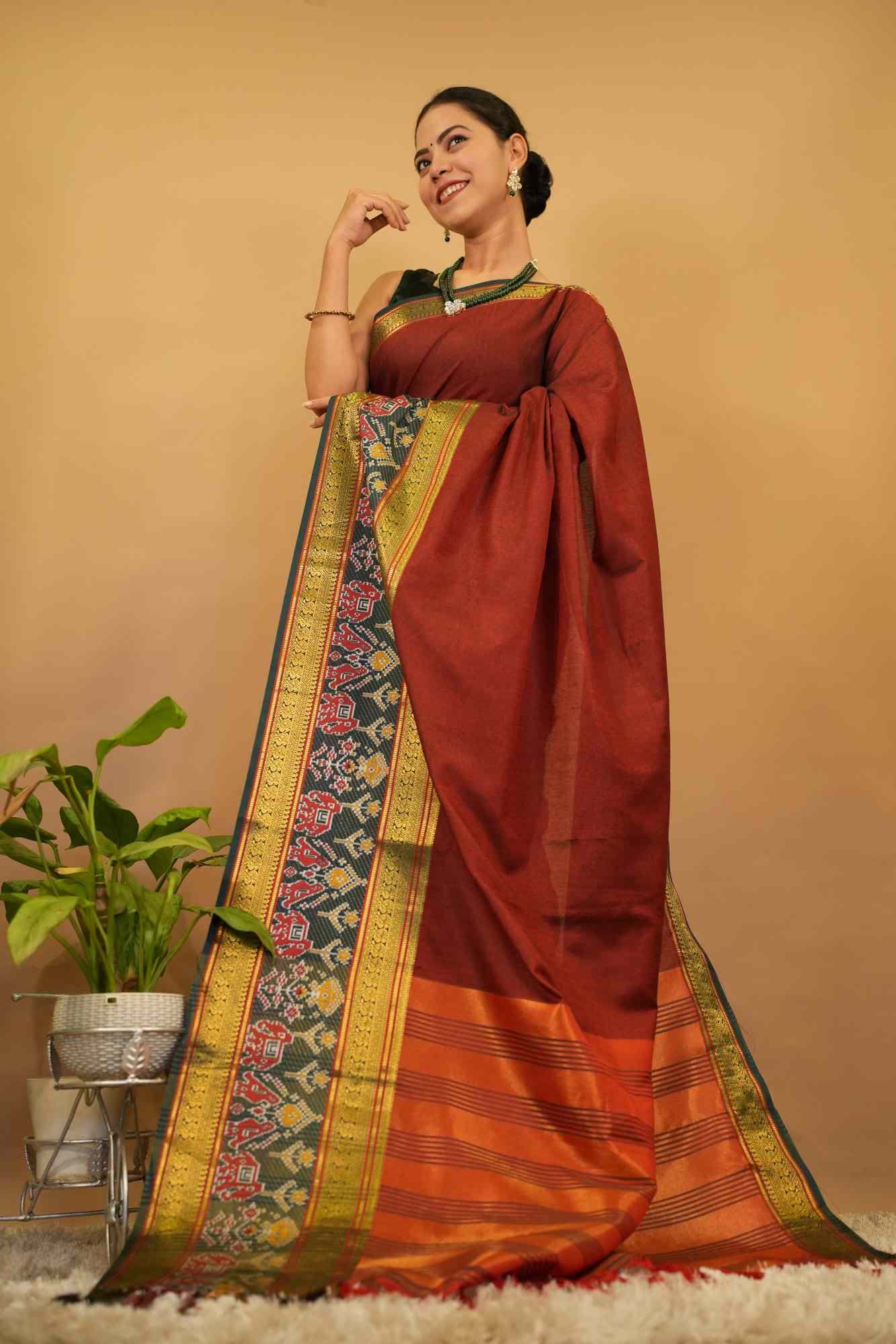 Soft narayanpet with ikat border prestitched Ready To Wear Saree