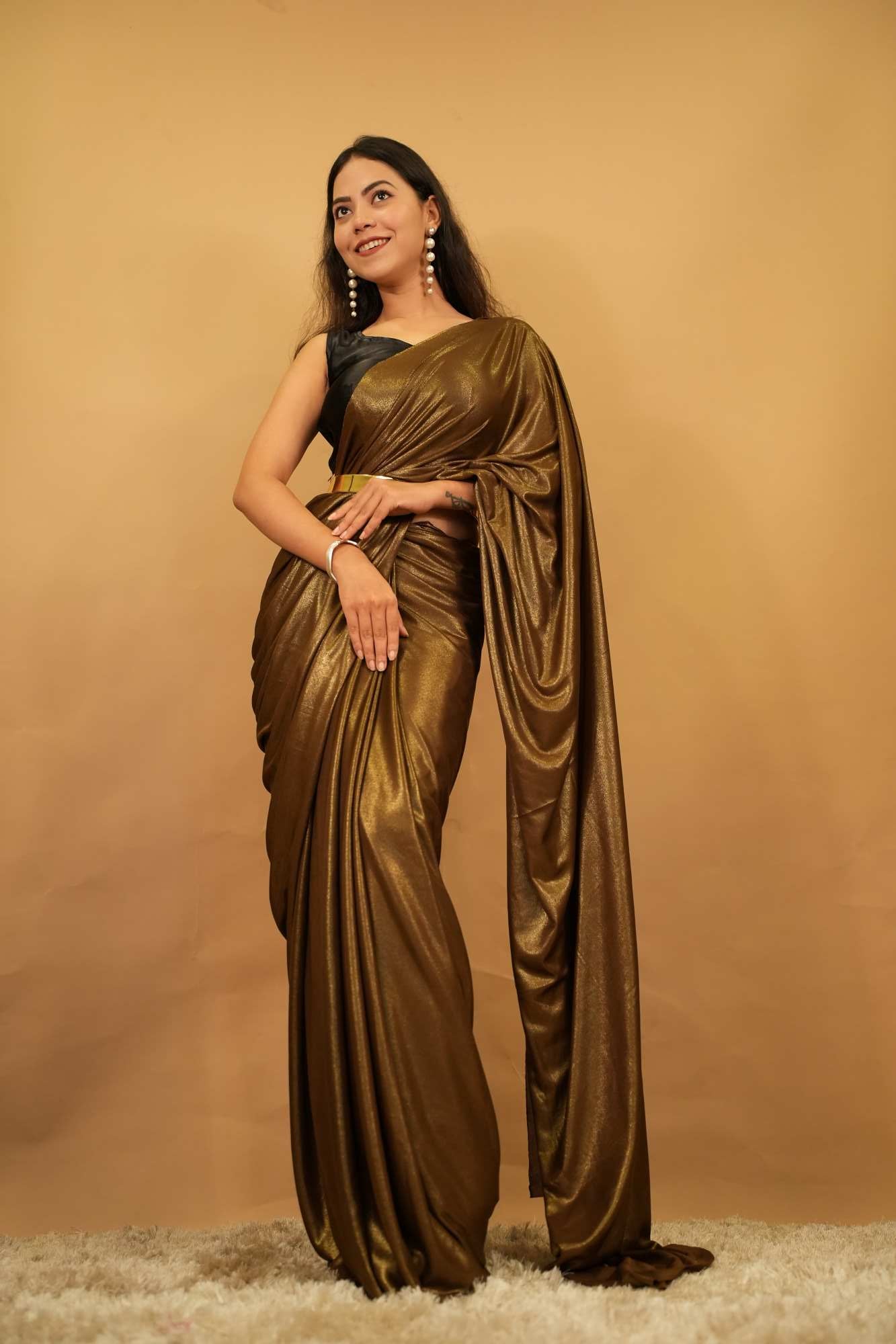 Super Soft & Silky Lycra  Party Wear With Golden Stylish Belt Predraped ready to wear saree