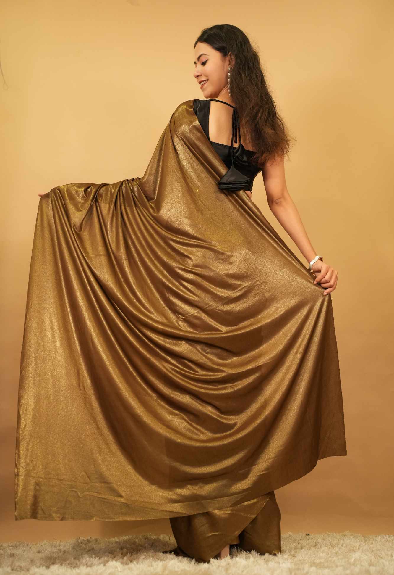 Super Soft & Silky Lycra  Party Wear With Golden Stylish Belt Predraped ready to wear saree