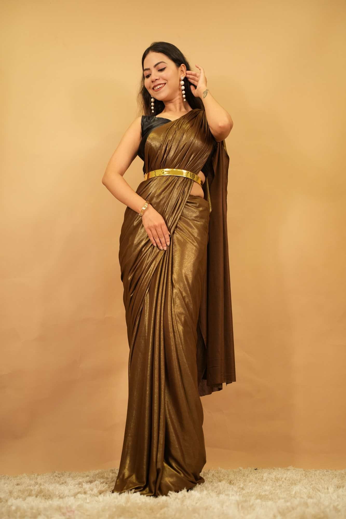 Super Soft & Silky Lycra  Party Wear With Golden Stylish Belt Predraped ready to wear saree