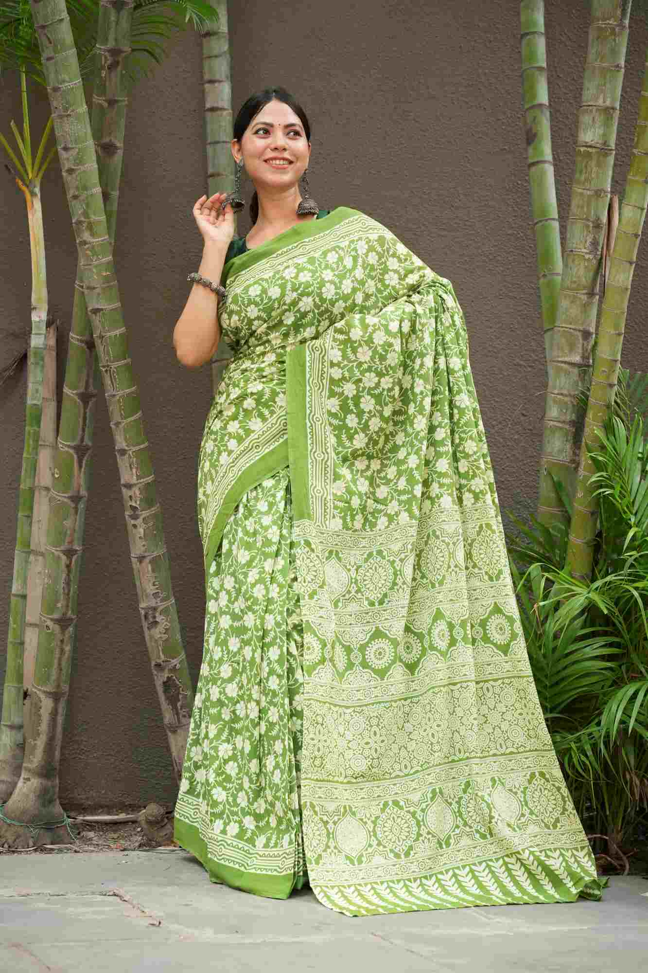 Green & white Hand Block printed Mulmul Cotton Ready To Wear saree