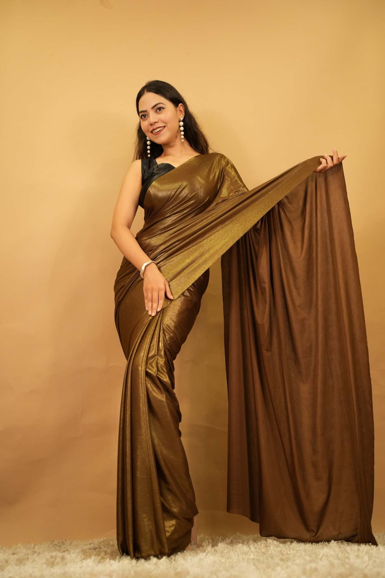 Super Soft & Silky Lycra  Party Wear With Golden Stylish Belt Predraped ready to wear saree