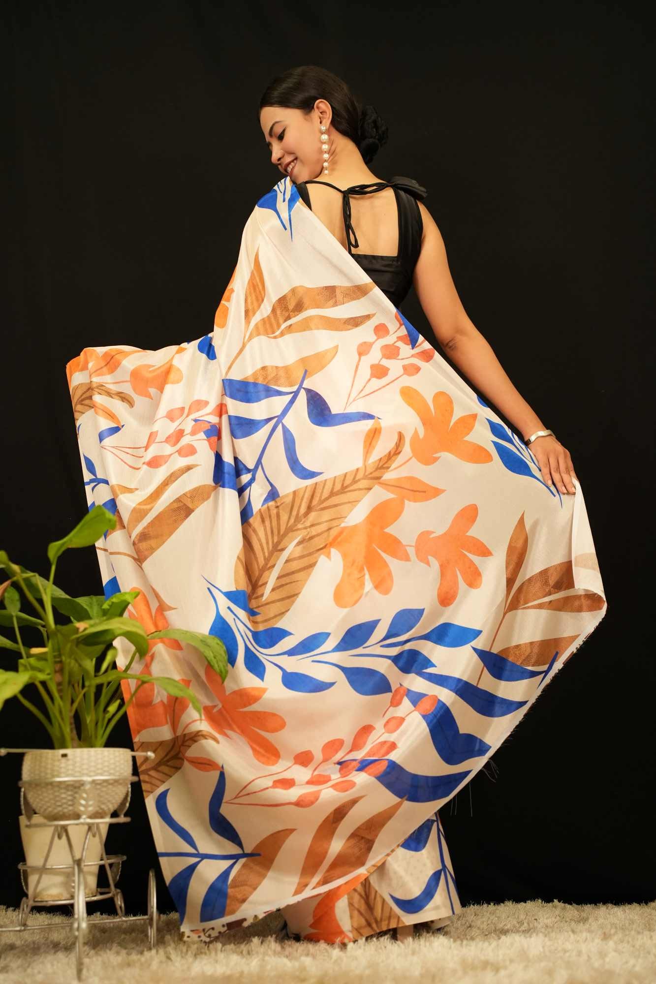 Beautiful Crepe Silk With Overall Leaf  Printed Wrap in 1 minute saree