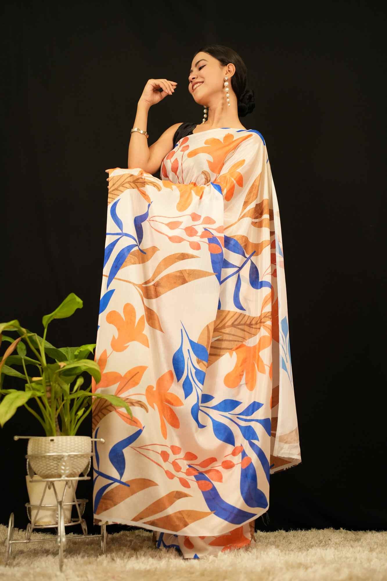 Beautiful Crepe Silk With Overall Leaf  Printed Wrap in 1 minute saree