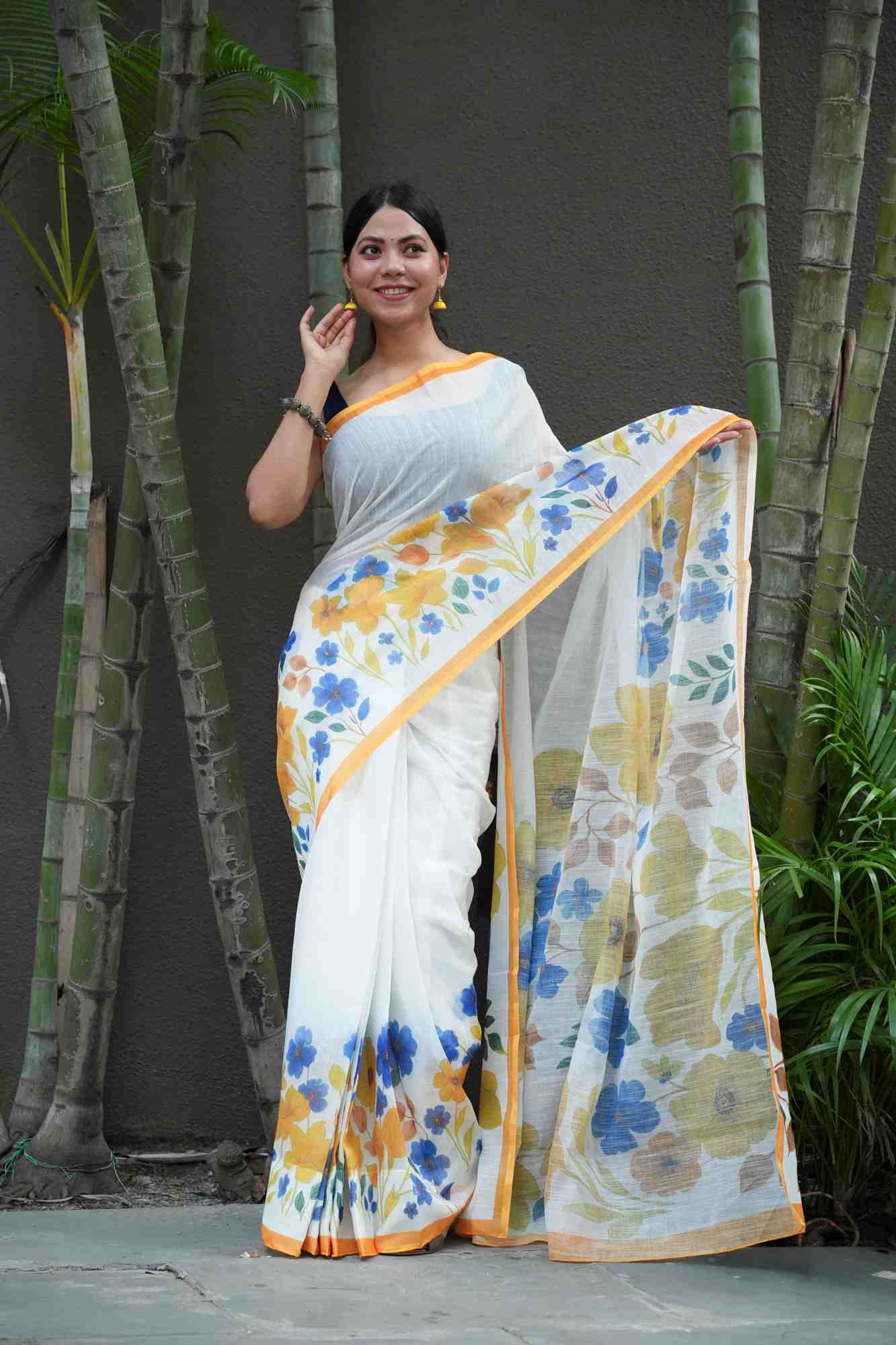 Linen with Vibrant Floral Digital Print Ready To Wear Saree