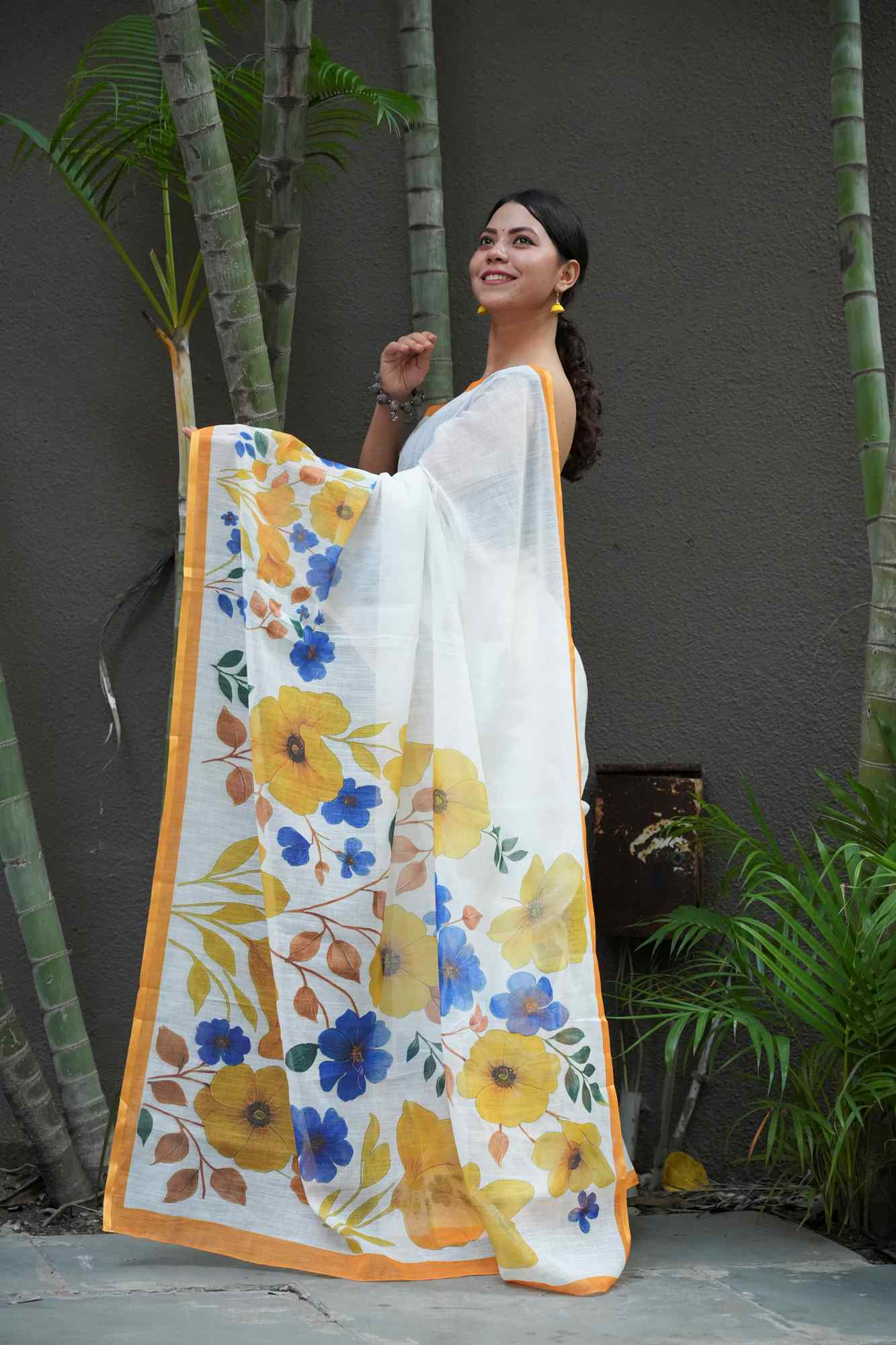 Linen with Vibrant Floral Digital Print Ready To Wear Saree