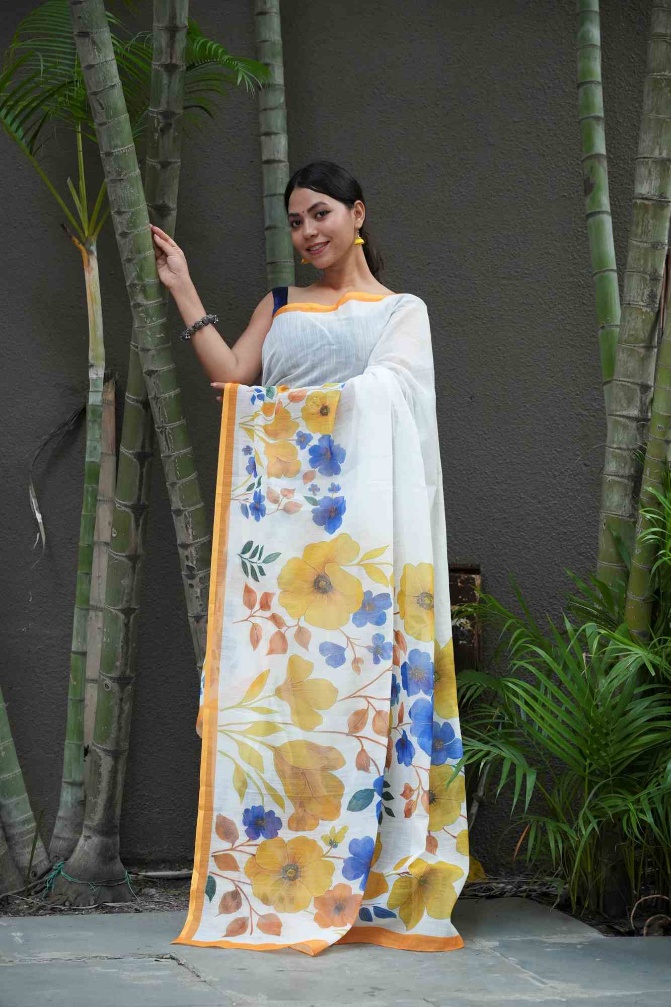 Linen with Vibrant Floral Digital Print Ready To Wear Saree