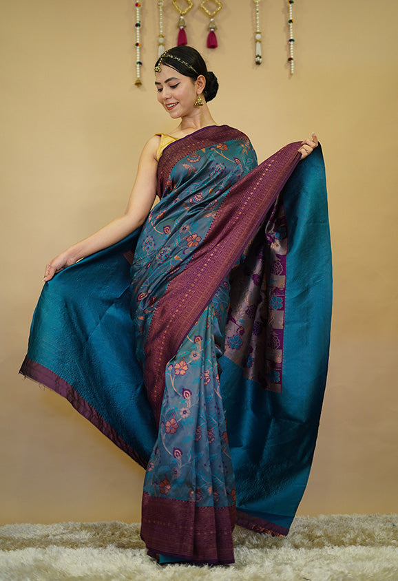 Kanchi Pattu Kanchipuram Soft Silk With Copper Zari Border & Woven Work Wrap in 1 minute saree