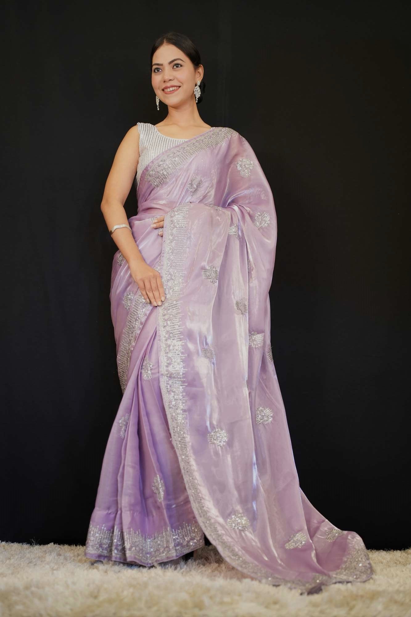 Lavender Traditional Sequin & Zari Embroidered With Pure Crystal Silk Jimmy Choo Wrap in 1 minute saree