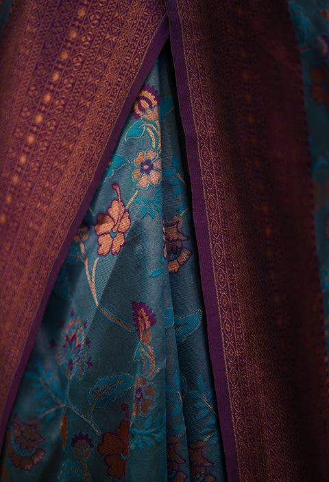 Kanchi Pattu Kanchipuram Soft Silk With Copper Zari Border & Woven Work Wrap in 1 minute saree