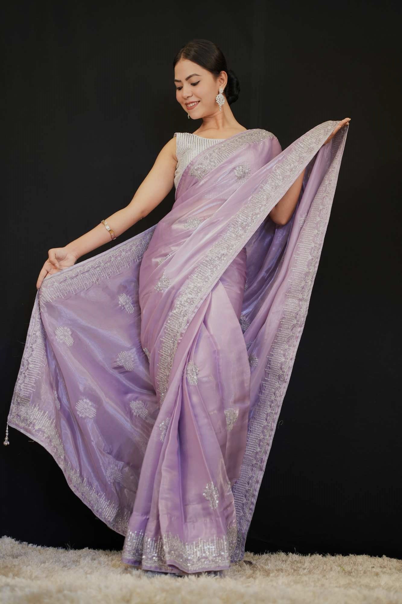 Lavender Traditional Sequin & Zari Embroidered With Pure Crystal Silk Jimmy Choo Wrap in 1 minute saree