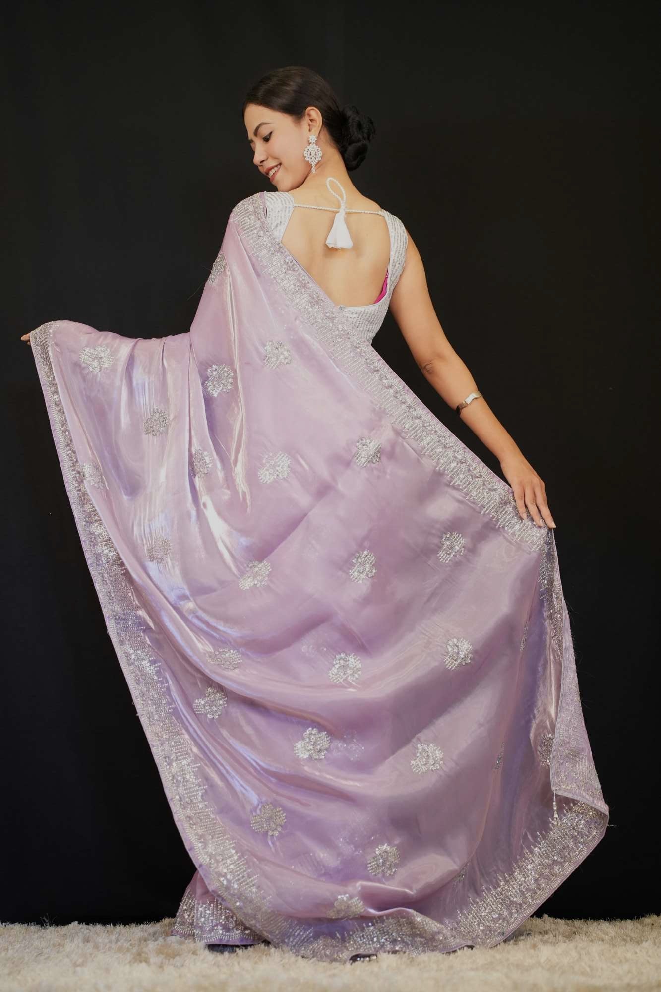 Lavender Traditional Sequin & Zari Embroidered With Pure Crystal Silk Jimmy Choo Wrap in 1 minute saree